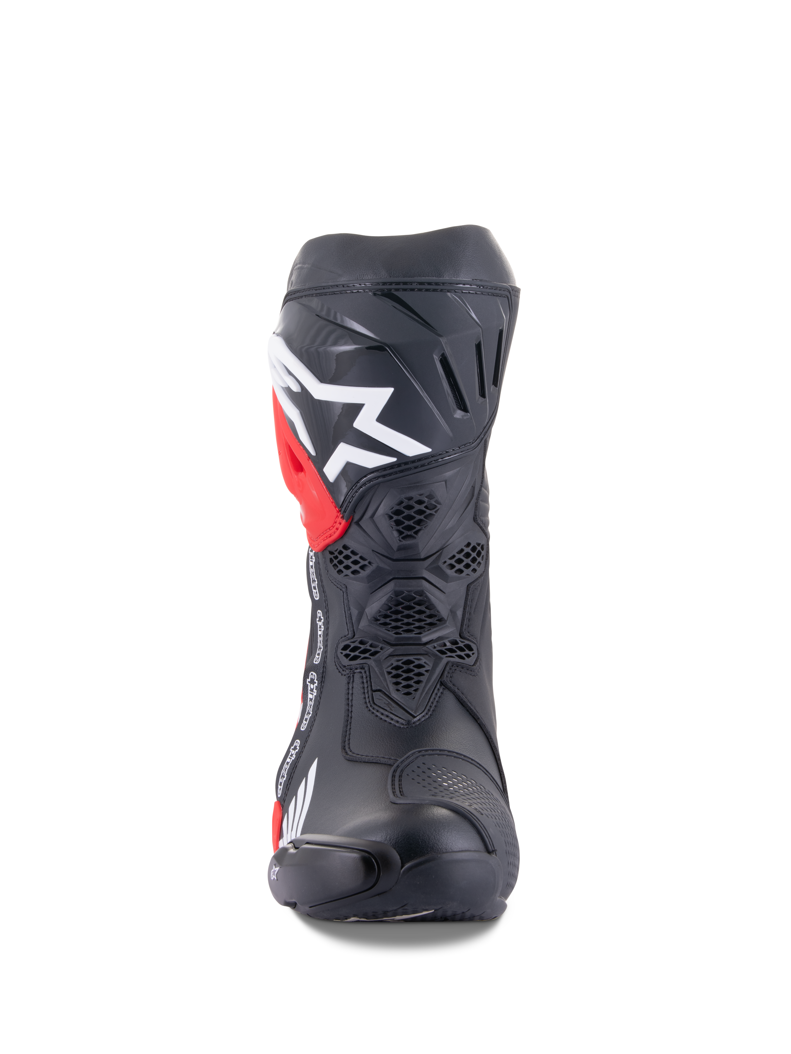 Botas Alpinestars Honda Supertech R, botas de carreras para moto, negras con detalles en rojo y blanco, vista frontal que muestra la ventilación de malla de nido de abeja, gran logotipo blanco en la espinilla y construcción de microfibra de alto rendimiento.