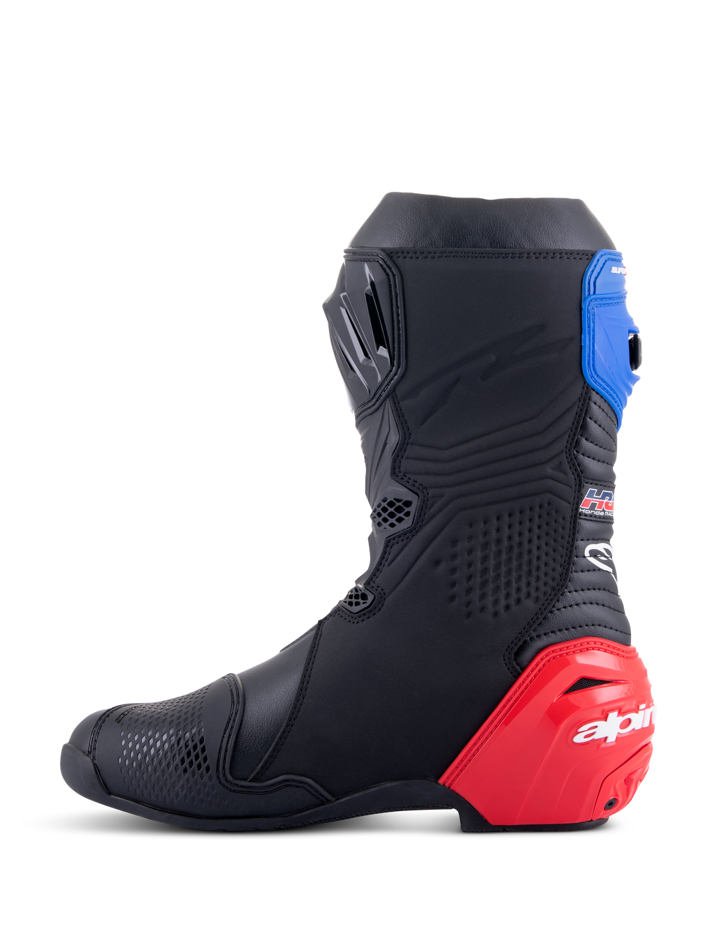 Botas Alpinestars Honda Supertech R, botas de carreras para moto, color negro con detalles en rojo brillante y azul, con un destacado deslizador de talón de TPU rojo, polaina superior azul y logotipo de Alpinestars, diseño técnico para rendimiento profesional en pista y carretera.
