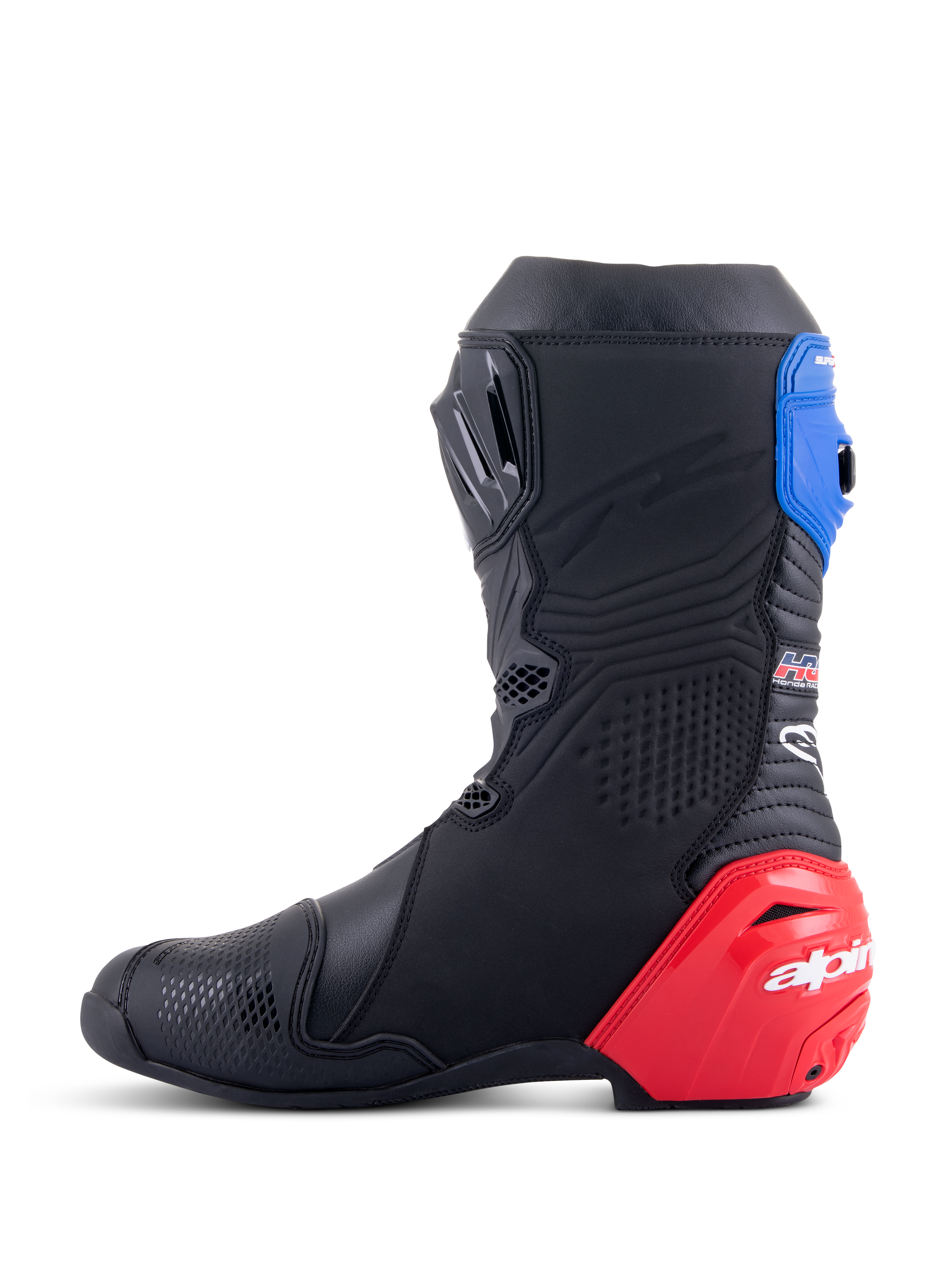 Botas Alpinestars Honda Supertech R, botas de carreras para moto, color negro con detalles en rojo brillante y azul, con un destacado deslizador de talón de TPU rojo, polaina superior azul y logotipo de Alpinestars, diseño técnico para rendimiento profesional en pista y carretera.