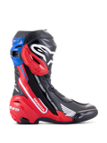 Botas Alpinestars Honda Supertech R, botas de motociclismo de competición, negro, rojo brillante y azul, cuenta con el logotipo de Honda en blanco en el panel lateral rojo, logo de Alpinestars en la espinilla, polaina superior azul, diseño aerodinámico estilizado con protección avanzada de TPU
