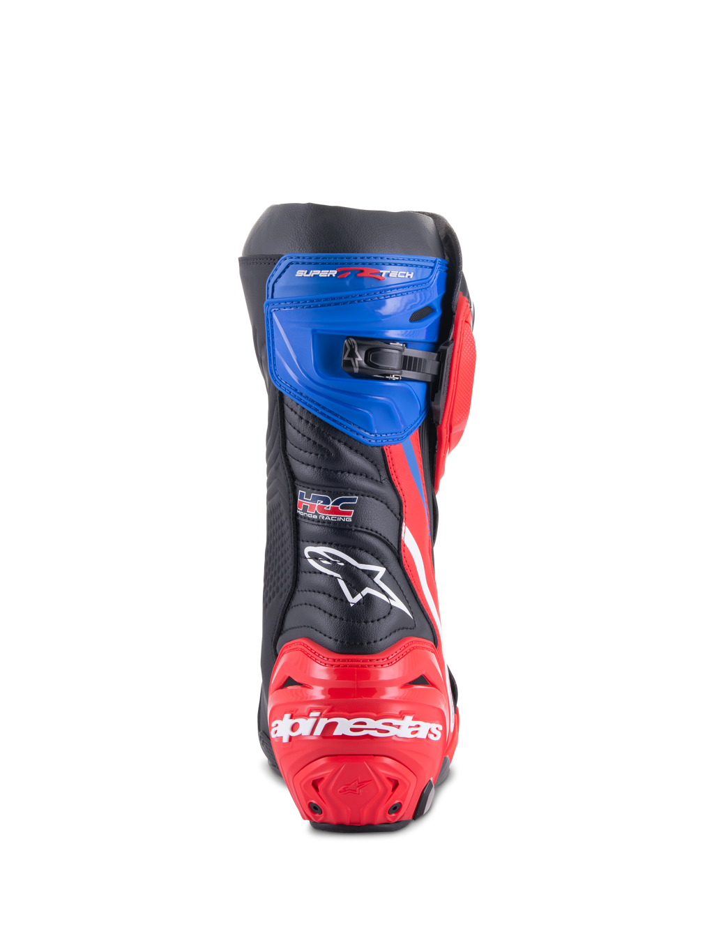 Botas Alpinestars Honda Supertech R, botas de carreras para moto, negro, rojo brillante y azul, vista trasera con talón reforzado rojo con marca blanca, polaina superior azul con cierre de trinquete microajustable y logotipo HRC en la parte posterior