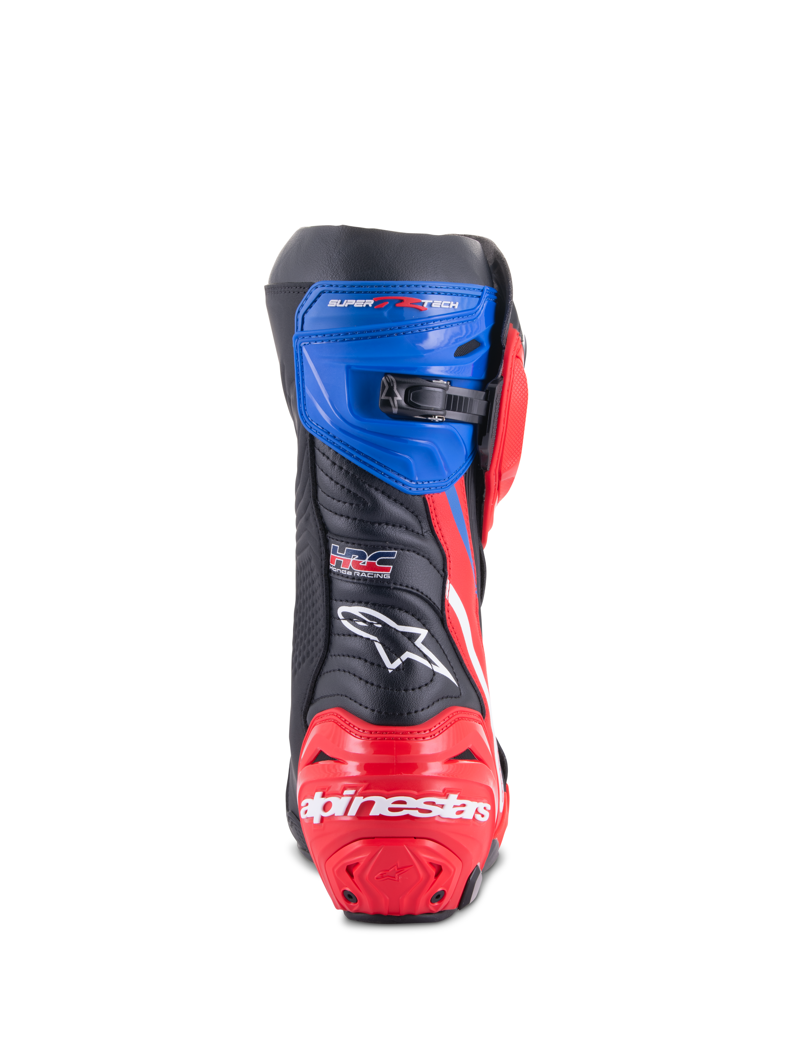 Botas Alpinestars Honda Supertech R, botas de carreras para moto, negro, rojo brillante y azul, vista trasera con talón reforzado rojo con marca blanca, polaina superior azul con cierre de trinquete microajustable y logotipo HRC en la parte posterior