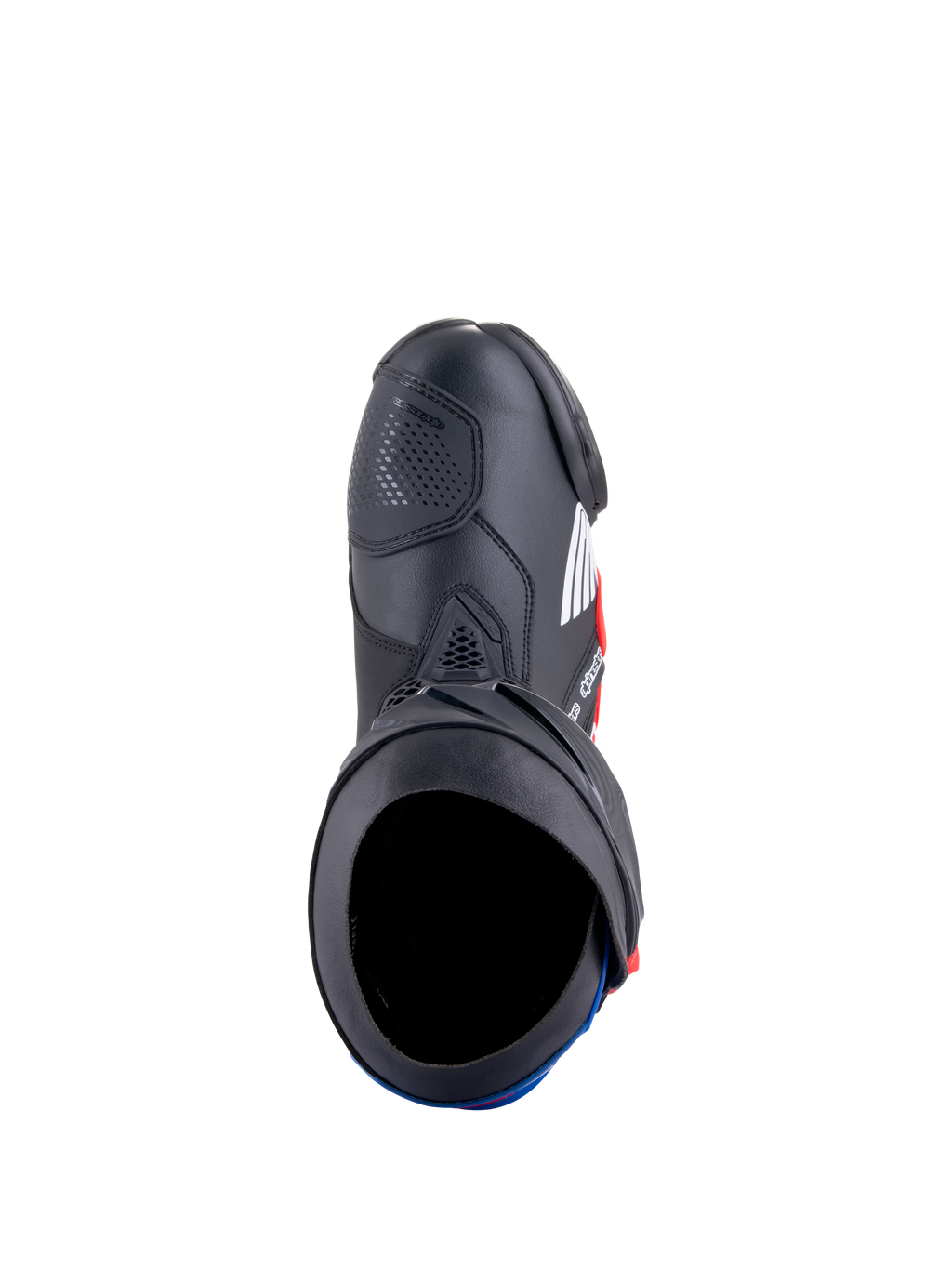 Botas Alpinestars Honda Supertech R, botas de competición para moto, negro, rojo brillante y azul, vista superior que muestra la apertura de la bota y la construcción de microfibra, con placas protectoras de TPU y un diseño aerodinámico de competición