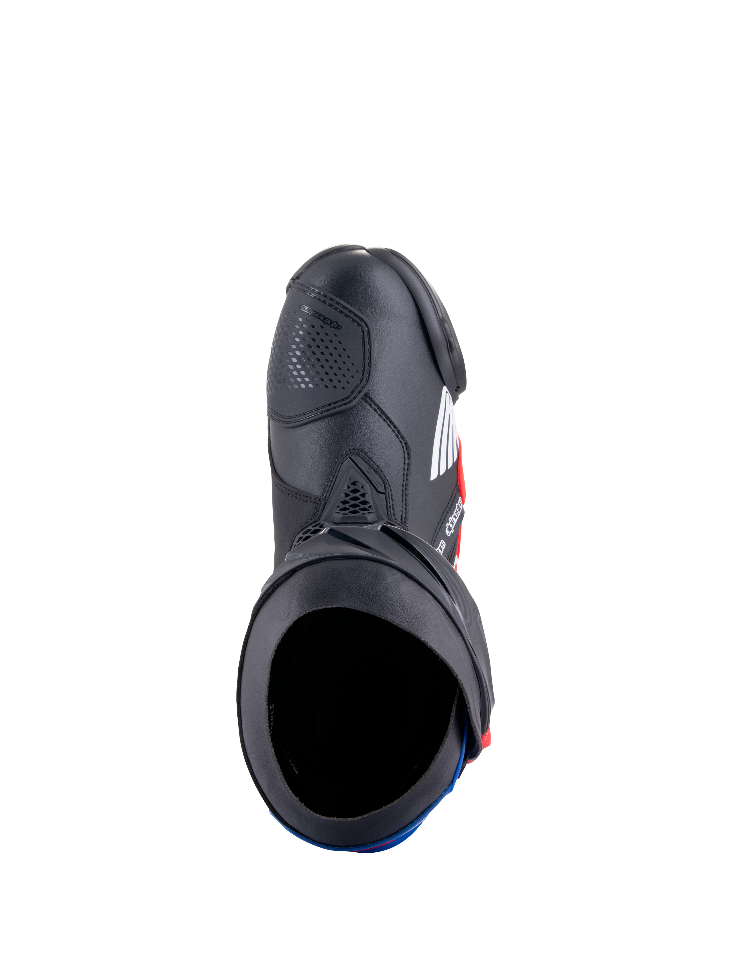 Botas Alpinestars Honda Supertech R, botas de competición para moto, negro, rojo brillante y azul, vista superior que muestra la apertura de la bota y la construcción de microfibra, con placas protectoras de TPU y un diseño aerodinámico de competición