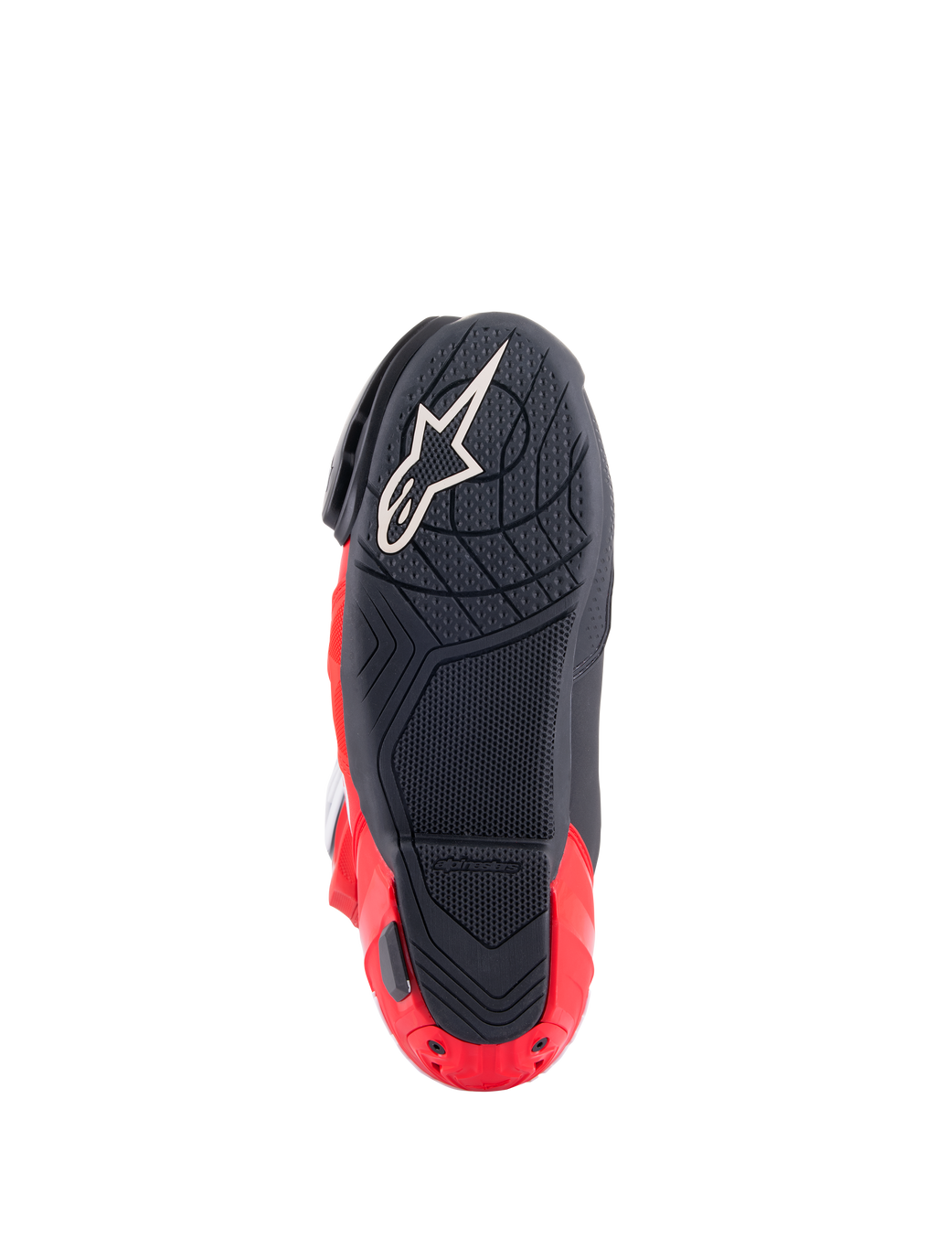 Botas Alpinestars Honda Supertech R, vista de la suela, negro y rojo brillante, con un compuesto de goma texturizada para el agarre, logotipo Astar blanco en el antepié y deslizador de la placa del talón rojo, calzado de motociclismo de competición de alto rendimiento.