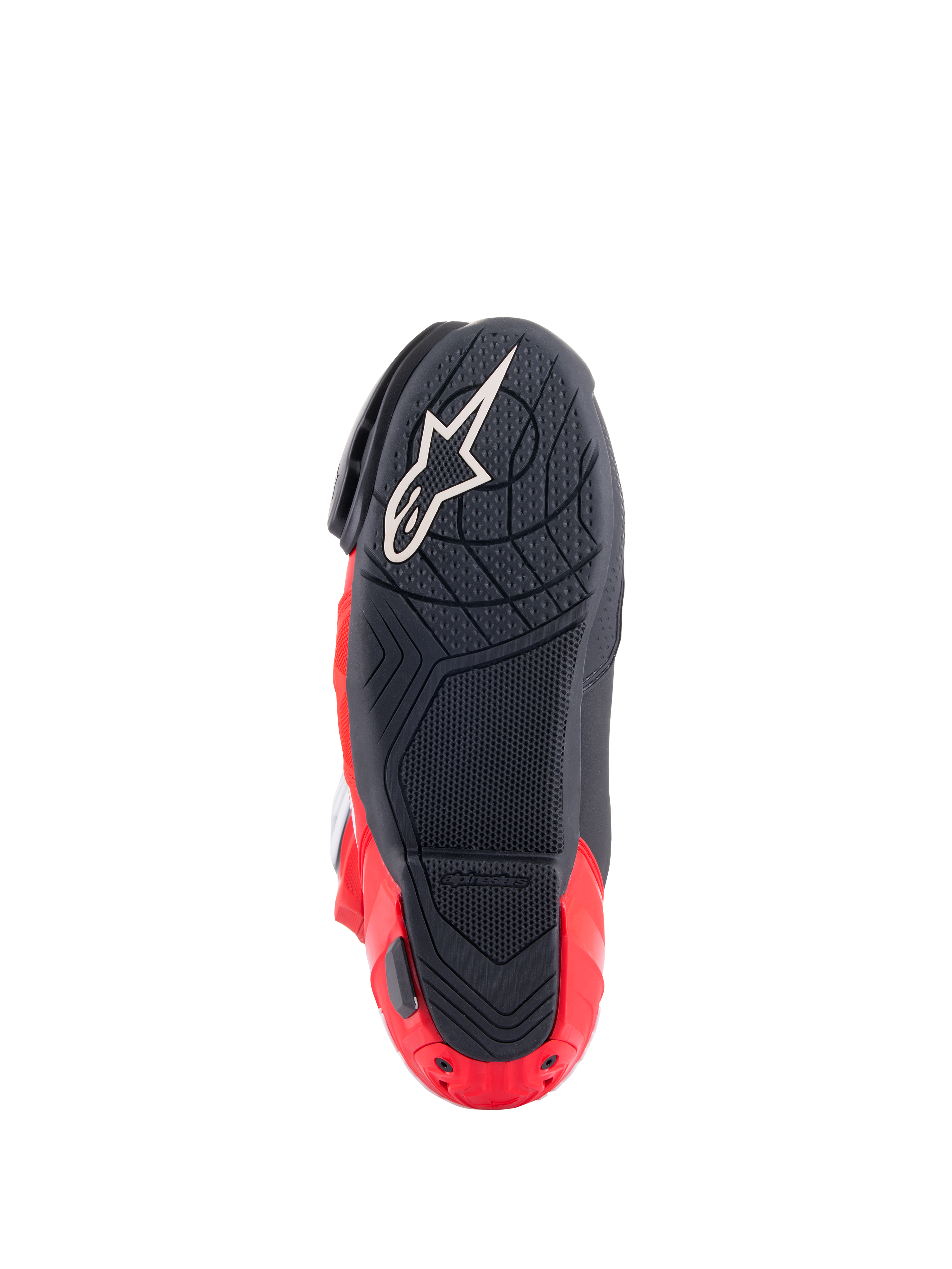 Botas Alpinestars Honda Supertech R, vista de la suela, negro y rojo brillante, con un compuesto de goma texturizada para el agarre, logotipo Astar blanco en el antepié y deslizador de la placa del talón rojo, calzado de motociclismo de competición de alto rendimiento.