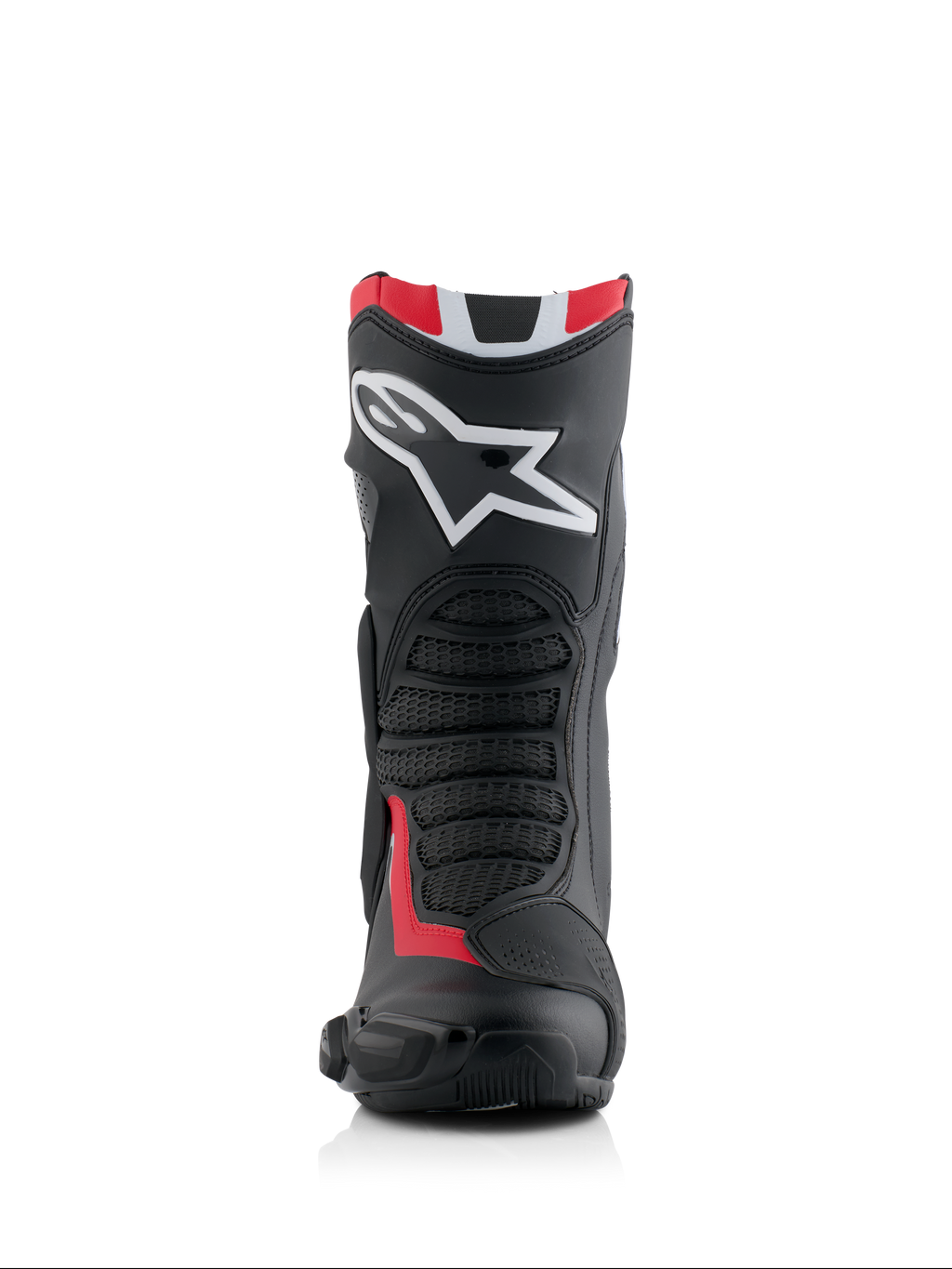Botas Alpinestars Honda SMX-6 V3, botas de alto rendimiento para motociclismo, negro, rojo brillante y blanco, vista frontal con el gran logotipo blanco de Alpinestars en la espinilla, zonas de flexión de malla texturizada y perfil protector aerodinámico