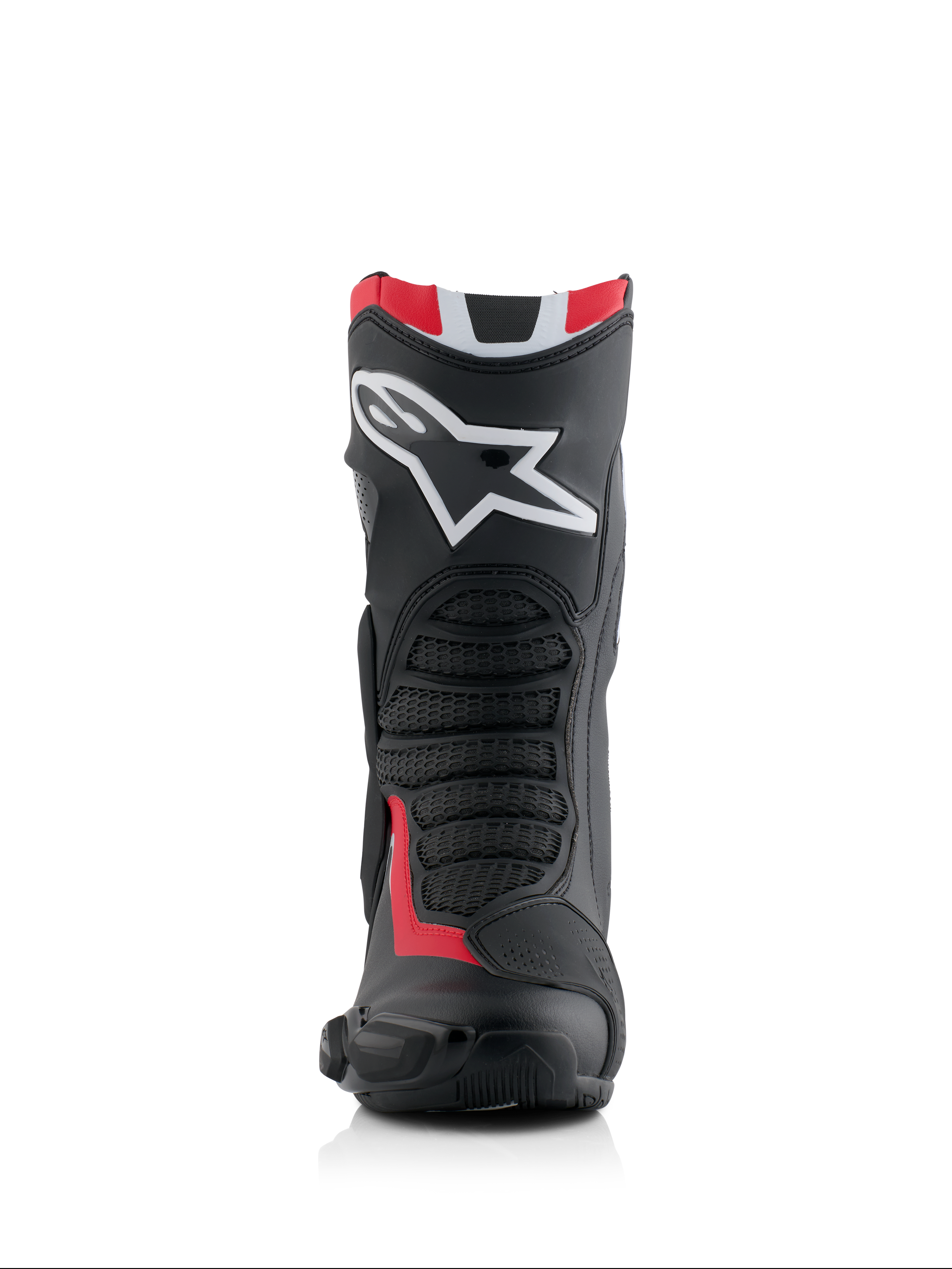 Botas Alpinestars Honda SMX-6 V3, botas de alto rendimiento para motociclismo, negro, rojo brillante y blanco, vista frontal con el gran logotipo blanco de Alpinestars en la espinilla, zonas de flexión de malla texturizada y perfil protector aerodinámico