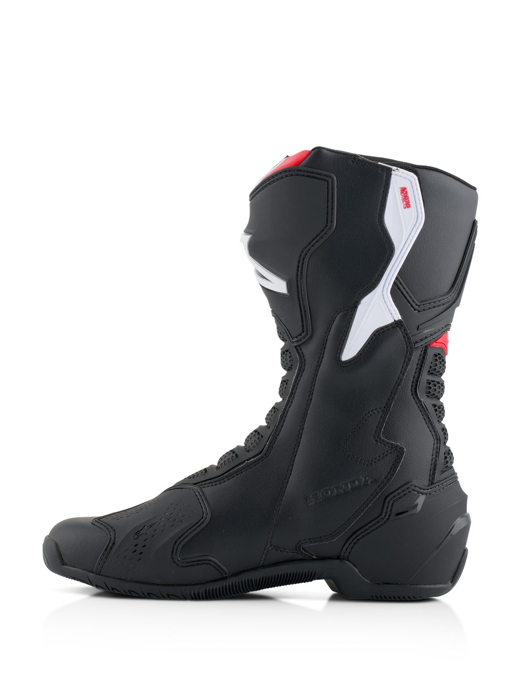 Botas Alpinestars Honda SMX-6 V3, botas de alto rendimiento para moto, negras con detalles en rojo brillante y blanco, perfil lateral medial, con construcción de microfibra duradera, paneles protectores de TPU y marca Honda en relieve