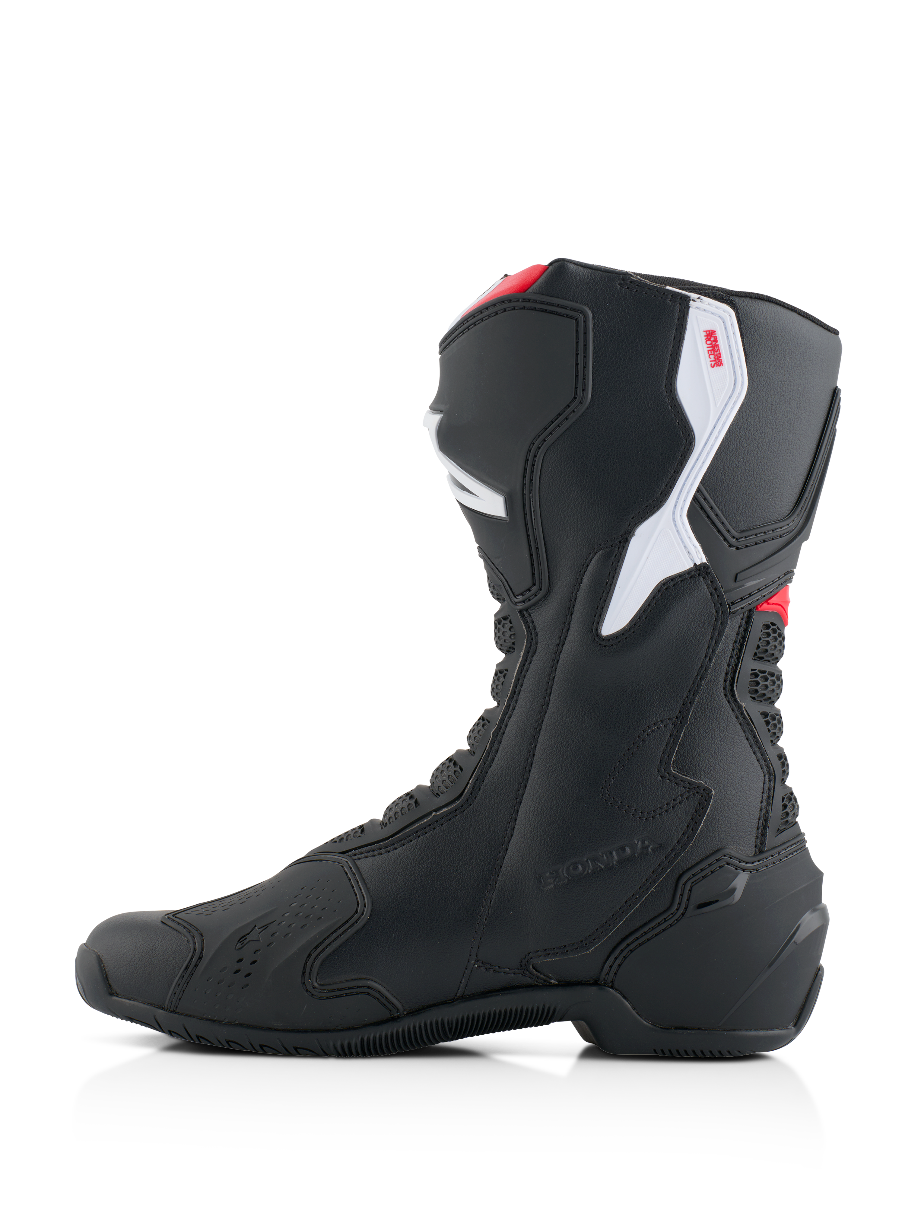 Botas Alpinestars Honda SMX-6 V3, botas de alto rendimiento para moto, negras con detalles en rojo brillante y blanco, perfil lateral medial, con construcción de microfibra duradera, paneles protectores de TPU y marca Honda en relieve