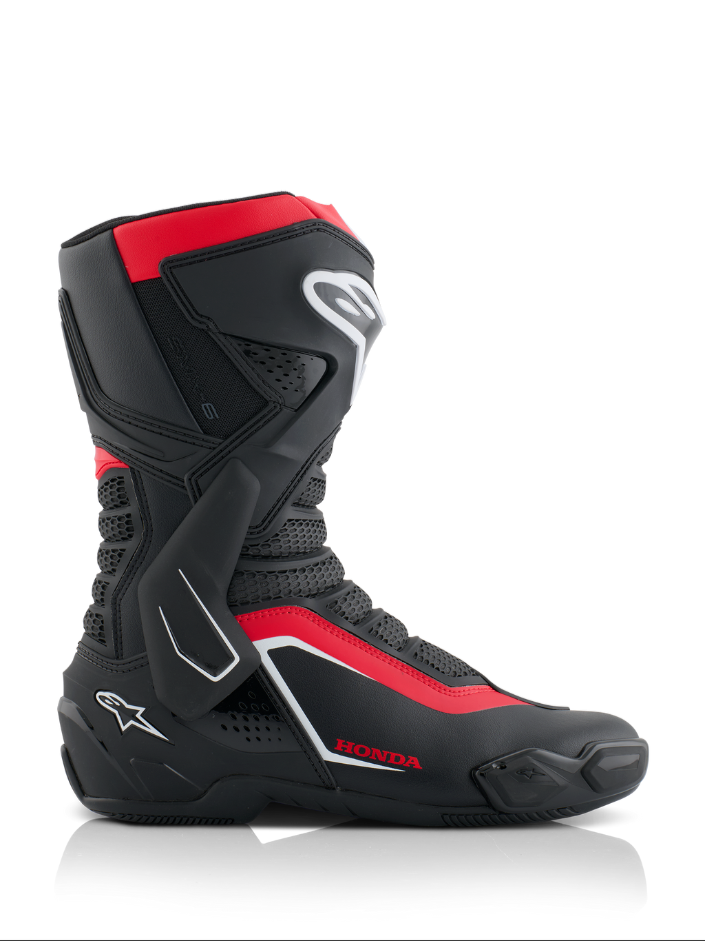 Botas Alpinestars Honda SMX-6 V3, botas de alto rendimiento para motociclismo, negro, rojo brillante y blanco, vista lateral con construcción de microfibra y protección de TPU, soporte lateral de tobillo y marca Honda, equipo profesional de carreras y carretera