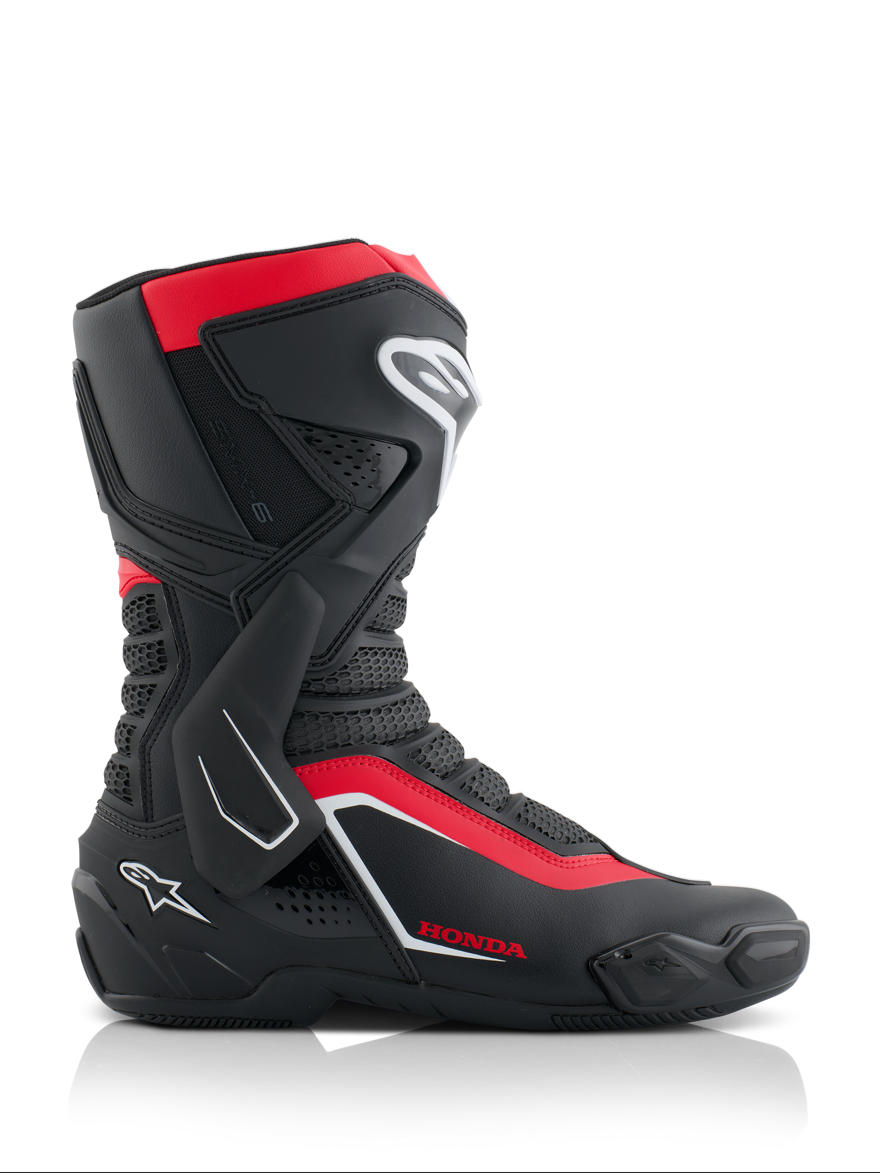 Botas Alpinestars Honda SMX-6 V3, botas de alto rendimiento para motociclismo, negro, rojo brillante y blanco, vista lateral con construcción de microfibra y protección de TPU, soporte lateral de tobillo y marca Honda, equipo profesional de carreras y carretera