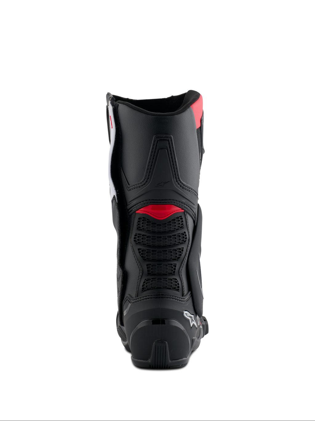 Botas Alpinestars Honda SMX-6 V3, vista trasera, negras con detalles en rojo brillante y blanco, botas de motociclismo de alto rendimiento con protección de TPU en la parte trasera de la pantorrilla y detalles de ventilación