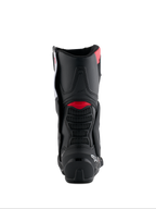 Botas Alpinestars Honda SMX-6 V3, vista trasera, negras con detalles en rojo brillante y blanco, botas de motociclismo de alto rendimiento con protección de TPU en la parte trasera de la pantorrilla y detalles de ventilación