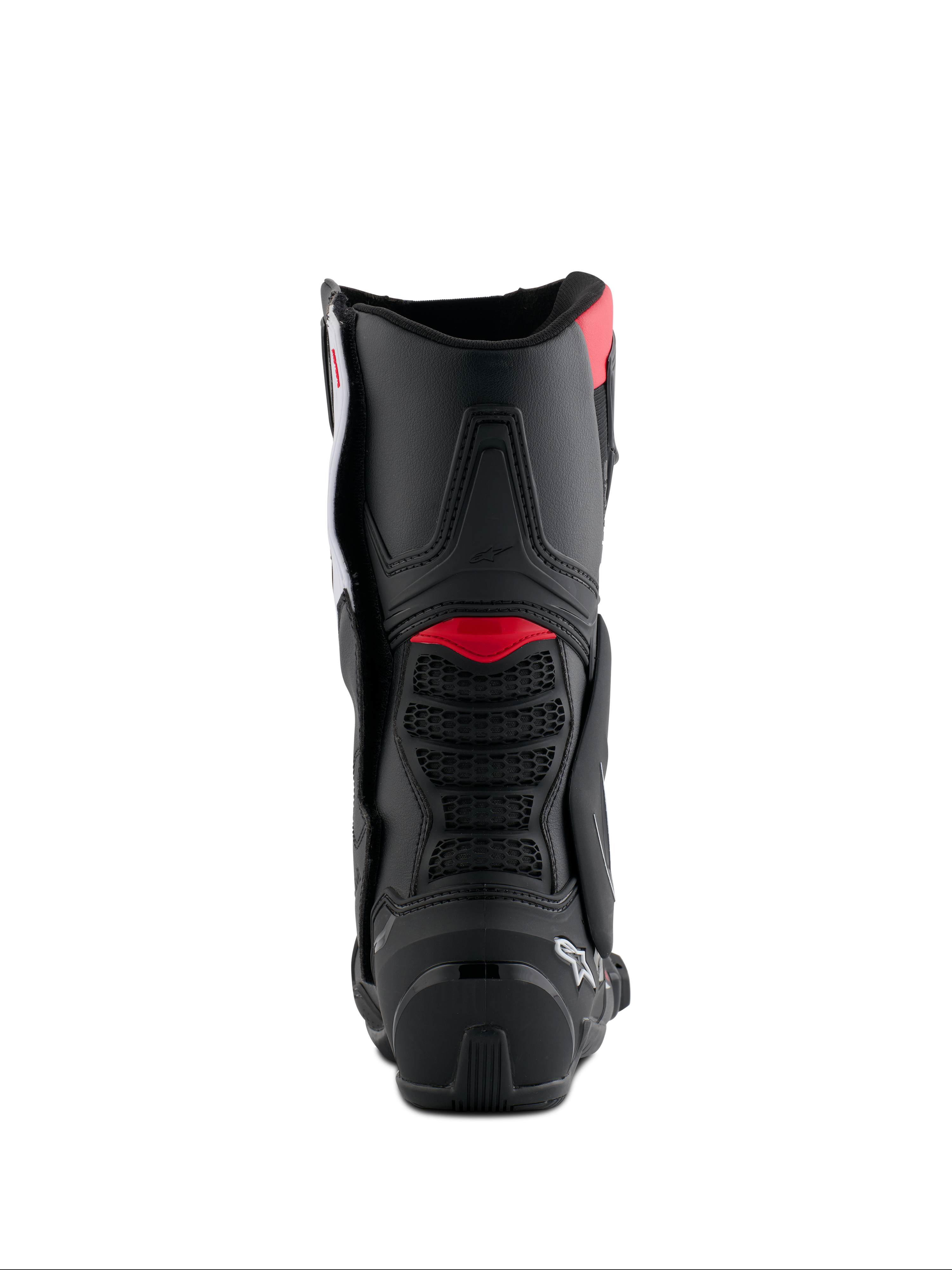 Botas Alpinestars Honda SMX-6 V3, vista trasera, negras con detalles en rojo brillante y blanco, botas de motociclismo de alto rendimiento con protección de TPU en la parte trasera de la pantorrilla y detalles de ventilación