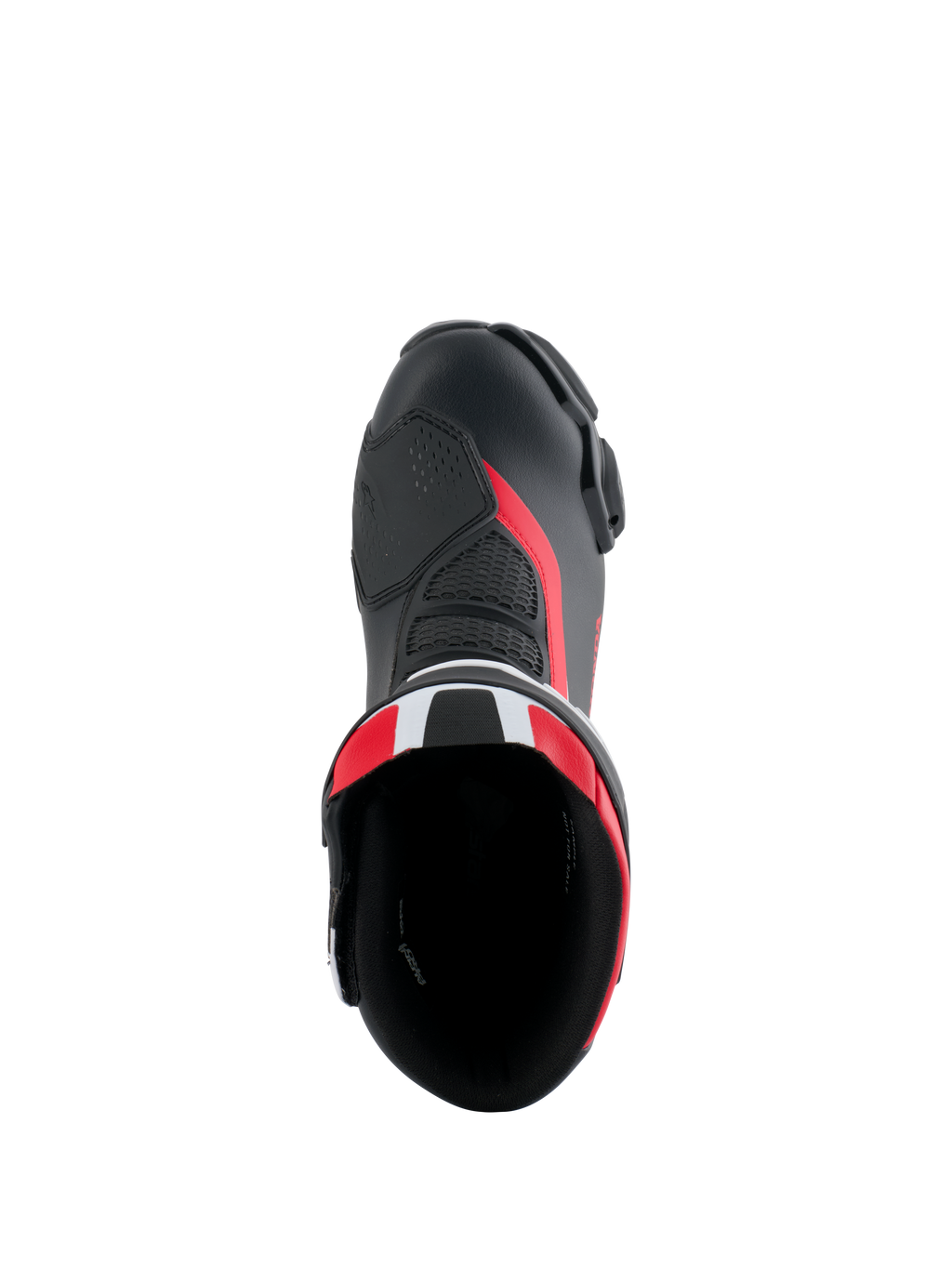 Botas Alpinestars Honda SMX-6 V3, botas de motociclismo de alto rendimiento, negro, rojo brillante y blanco, vista superior hacia el interior de la bota, con parte superior de microfibra, detalles de malla y acentos rojos, diseño aerodinámico para conducción en pista y calle