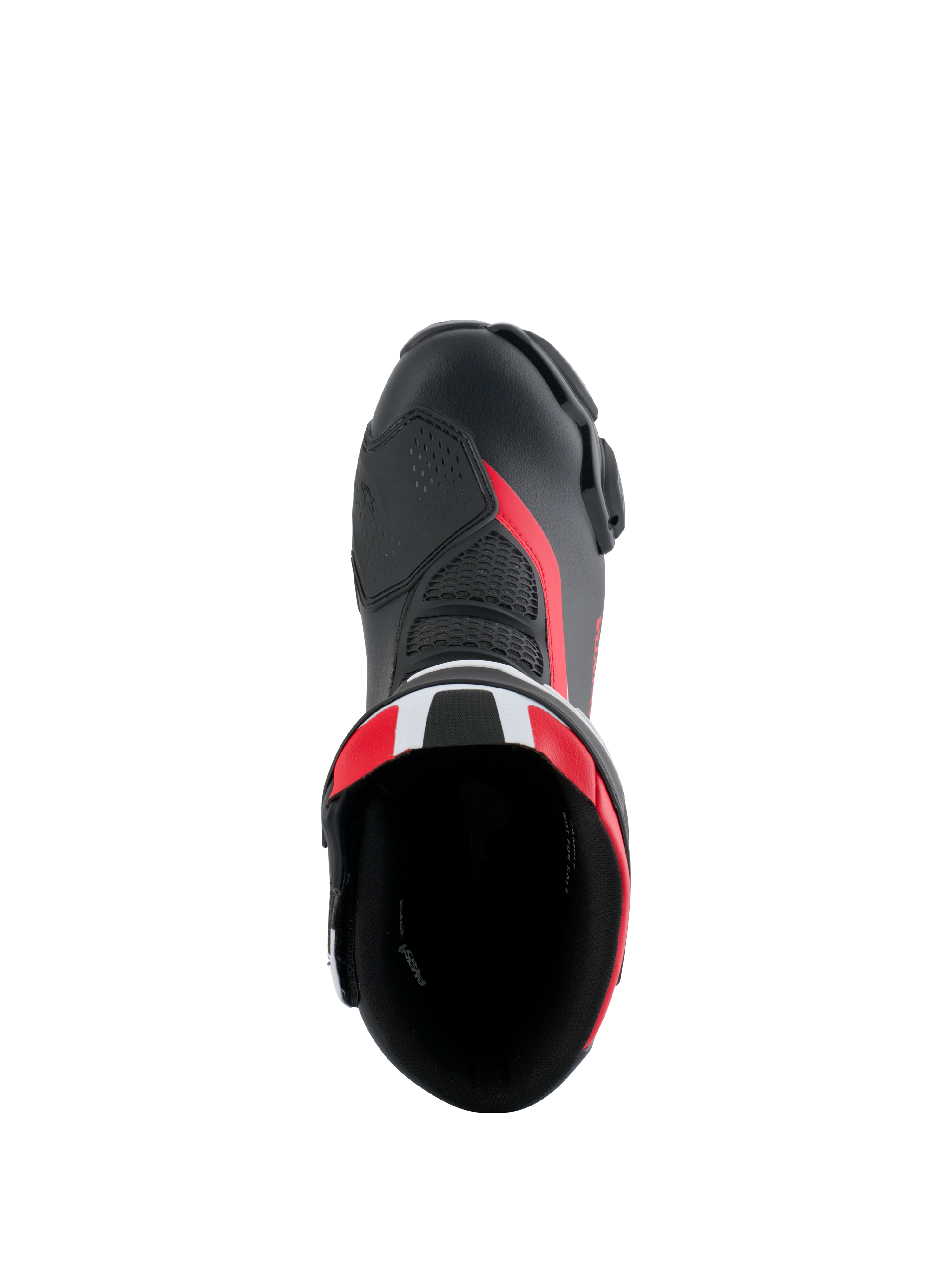 Botas Alpinestars Honda SMX-6 V3, botas de motociclismo de alto rendimiento, negro, rojo brillante y blanco, vista superior hacia el interior de la bota, con parte superior de microfibra, detalles de malla y acentos rojos, diseño aerodinámico para conducción en pista y calle