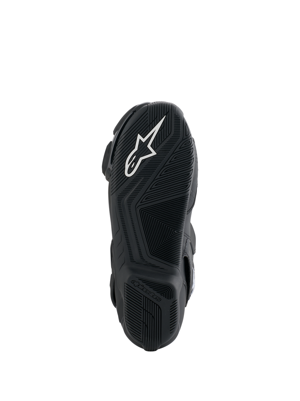 Botas Alpinestars Honda SMX-6 V3, vista de la suela, suela de goma negra con el logo de Alpinestars en blanco, diseño de agarre texturizado para precisión en los controles de la motocicleta