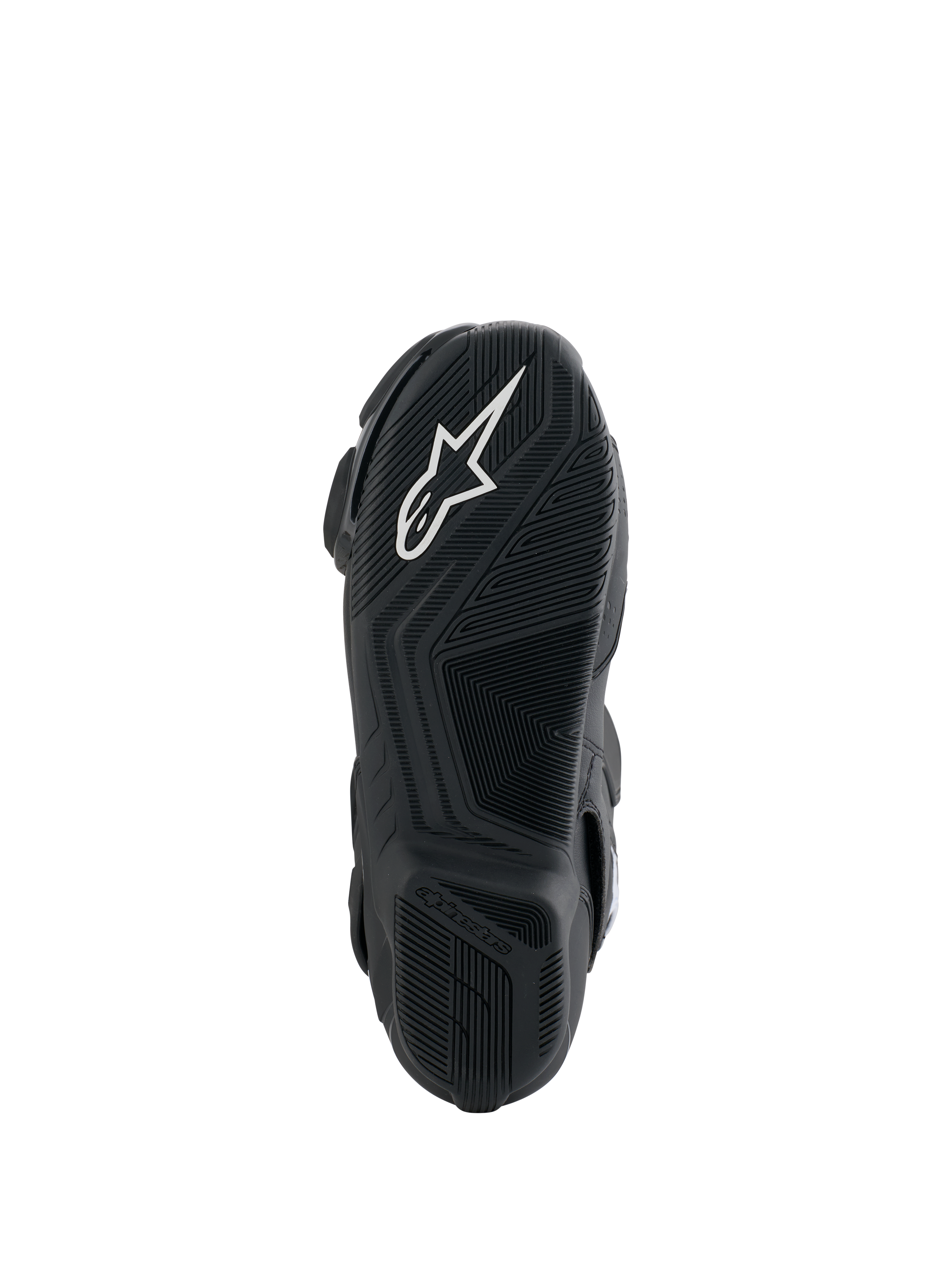 Botas Alpinestars Honda SMX-6 V3, vista de la suela, suela de goma negra con el logo de Alpinestars en blanco, diseño de agarre texturizado para precisión en los controles de la motocicleta