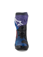 Alpinestars Supertech R LE Martinator R01 Vented Boots, Racing Motorcycle Boots, Blue, Purple, Red and Black, front view featuring a white Alpinestars logo on the purple shin plate, perforated microfiber upper for maximum airflow, technical high-performance racing design