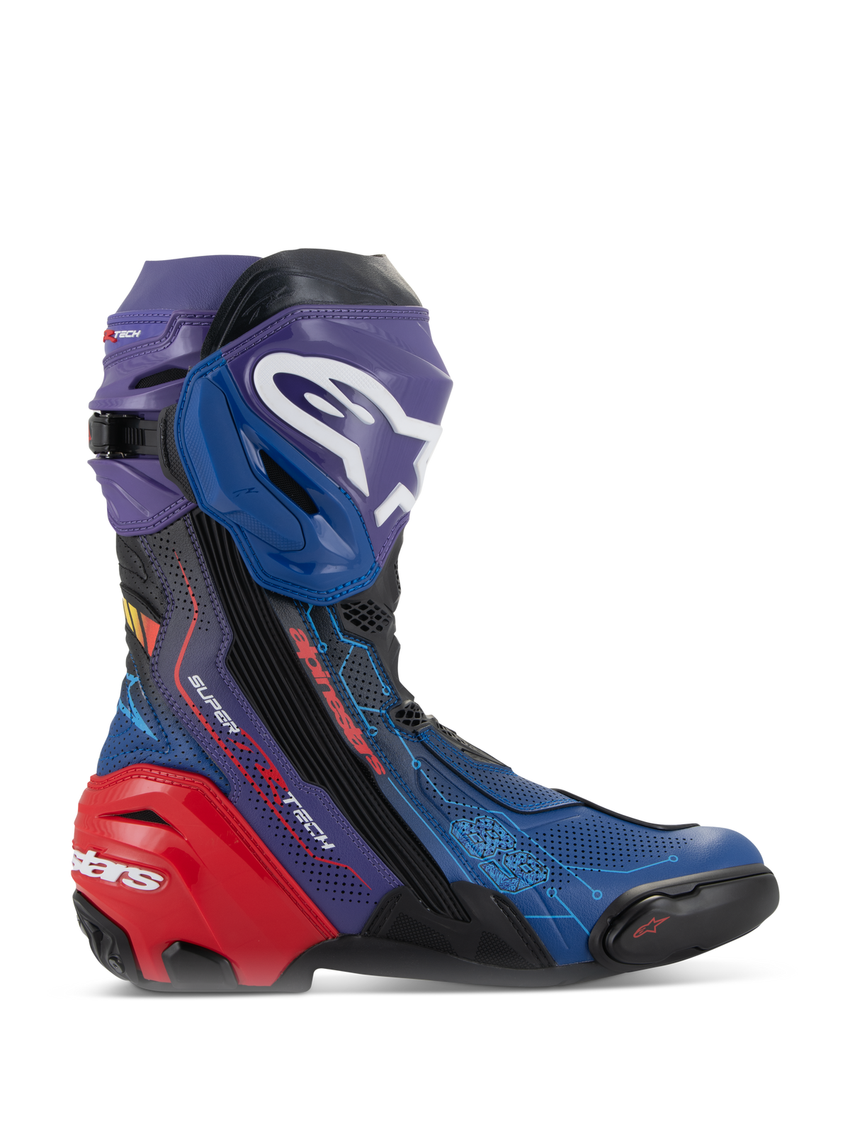 Alpinestars Supertech R LE Martinator R01 Vented Boots, botas de alto rendimiento para carreras de moto, vibrante diseño en azul, púrpura y rojo, con chasis de microfibra perforada, logotipo blanco de Alpinestars en la espinillera y protector de talón rojo reforzado