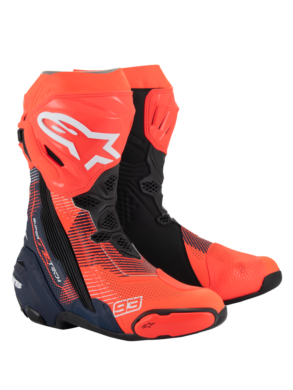 Botas Alpinestars Supertech R Vented MM93 Replica, botas profesionales de competición para moto, rojo flúor, azul oscuro y negro, con el logotipo de Marc Márquez 93, construcción en microfibra perforada para ventilación y diseño aerodinámico con deslizadores protectores avanzados