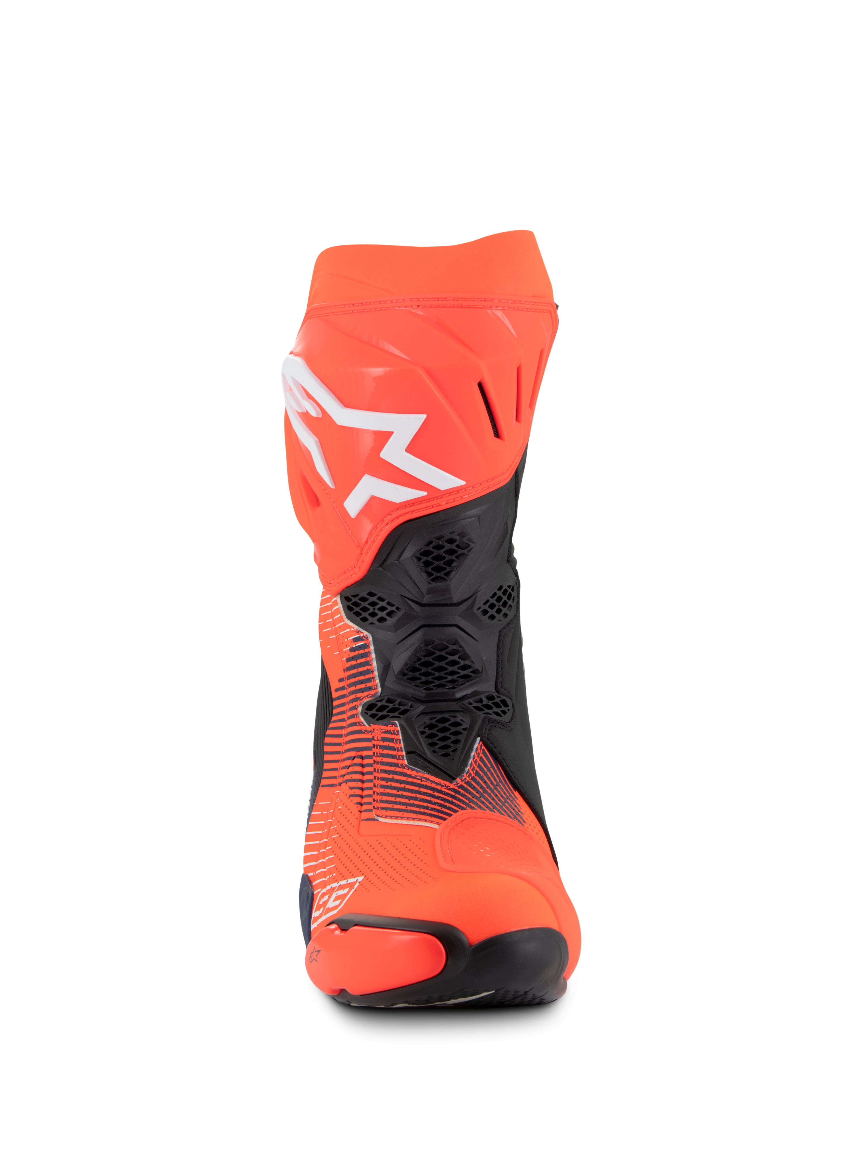 Botas Alpinestars Supertech R Vented MM93 Replica, botas de motociclismo de carreras, rojo flúor, azul oscuro y negro, vista frontal que muestra la ventilación de malla, logotipo blanco de Alpinestars y construcción de microfibra duradera