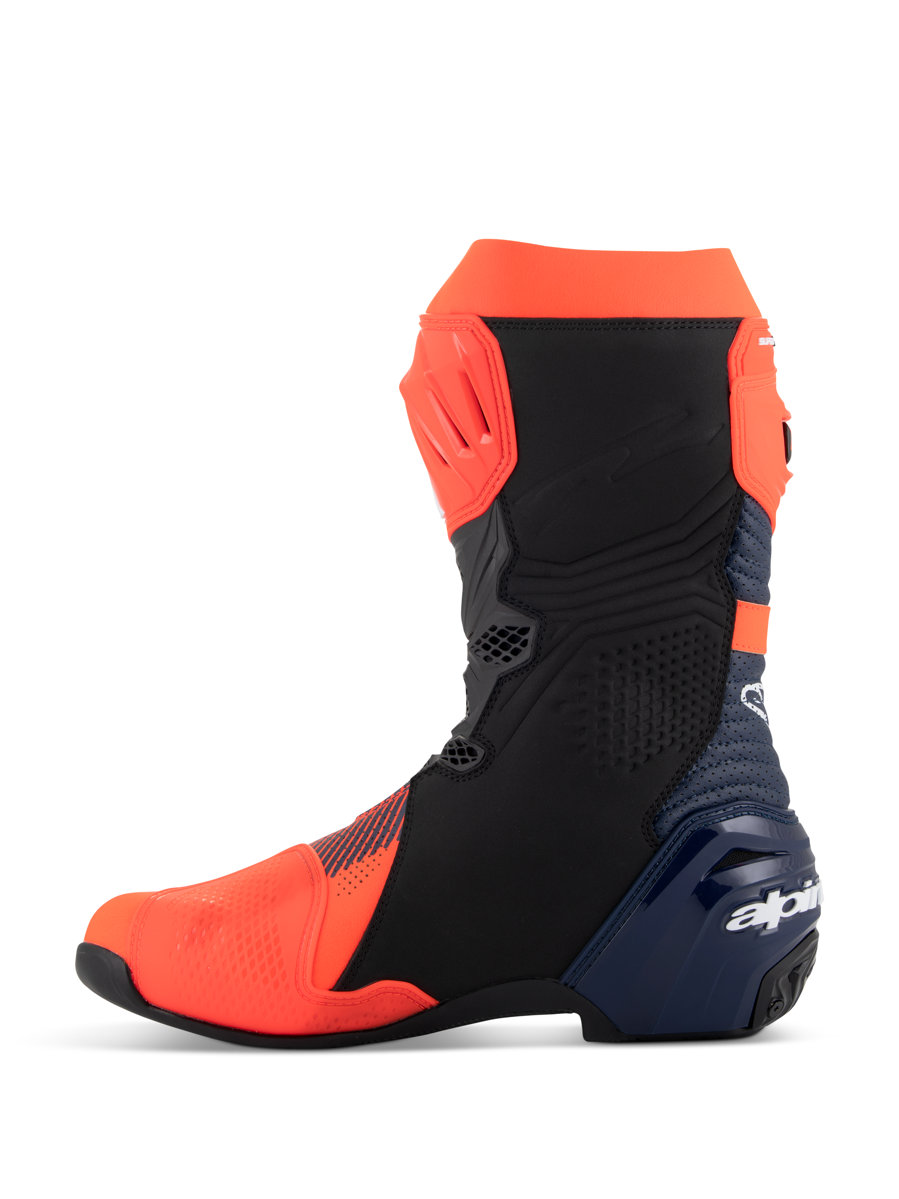 Botas Alpinestars Supertech R Vented MM93 Replica, botas de competición para moto, rojo flúor, azul oscuro y negro, vista de perfil lateral medial, con parte superior de microfibra perforada, placas de protección de TPU y diseño de alto rendimiento