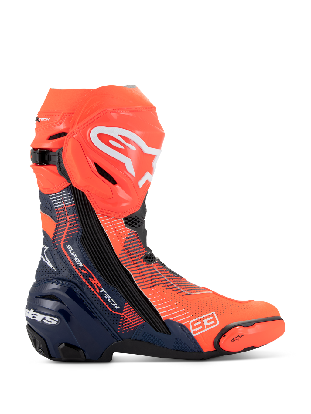 Botas Alpinestars Supertech R Vented MM93 Replica, botas de competición para motociclismo, rojo flúor y azul oscuro con detalles en negro, parte superior de microfibra perforada para ventilación, logotipo de Alpinestars blanco en la espinilla y número 93 en la puntera.