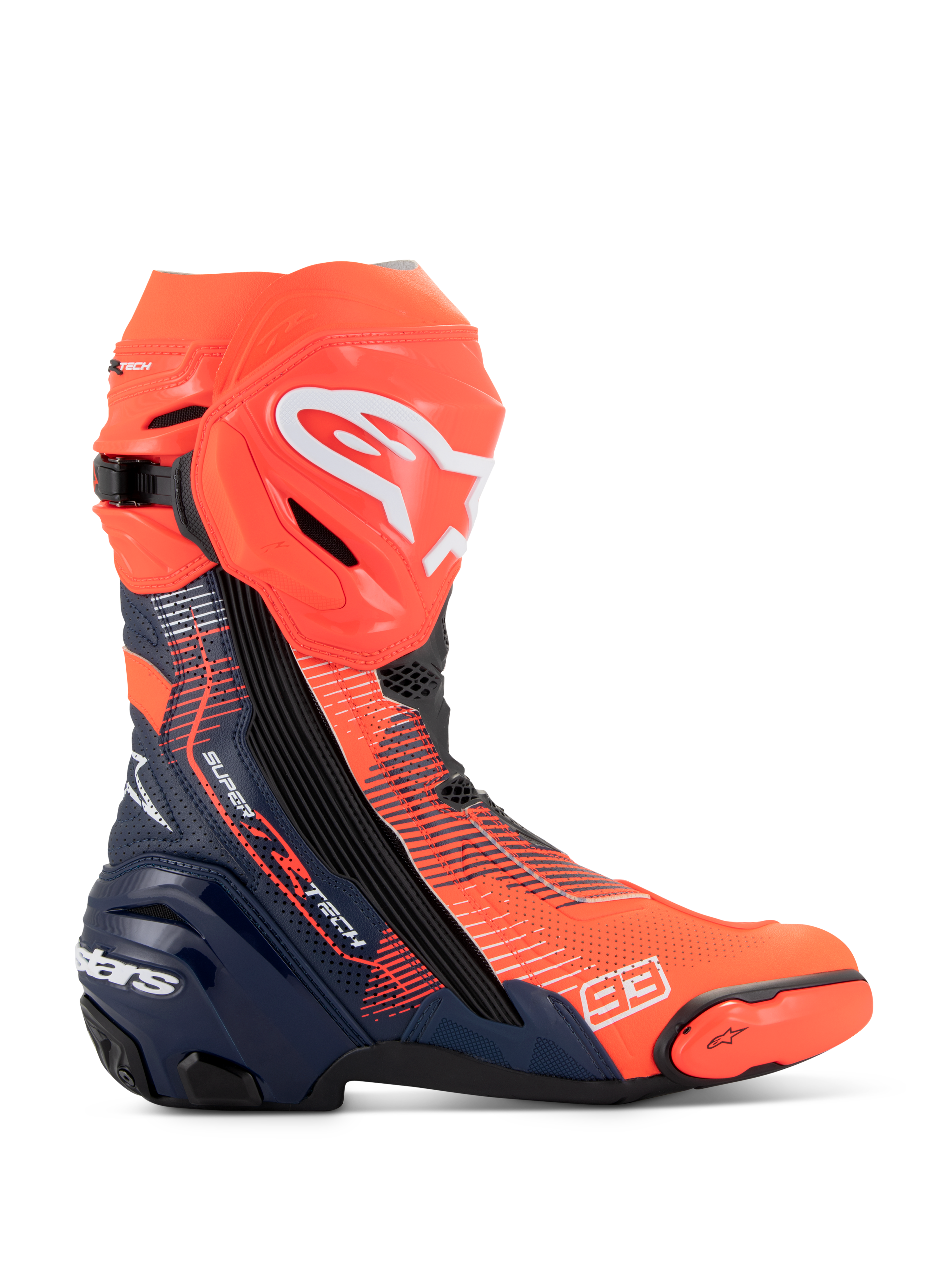 Alpinestars Supertech R Vented MM93 Replica Boots, Motorcycle Racing Boots, Red Fluo and Dark Blue with Black accents, featuring a perforated microfiber upper for ventilation, white Alpinestars logo on the shin, and number 93 branding on the toe.