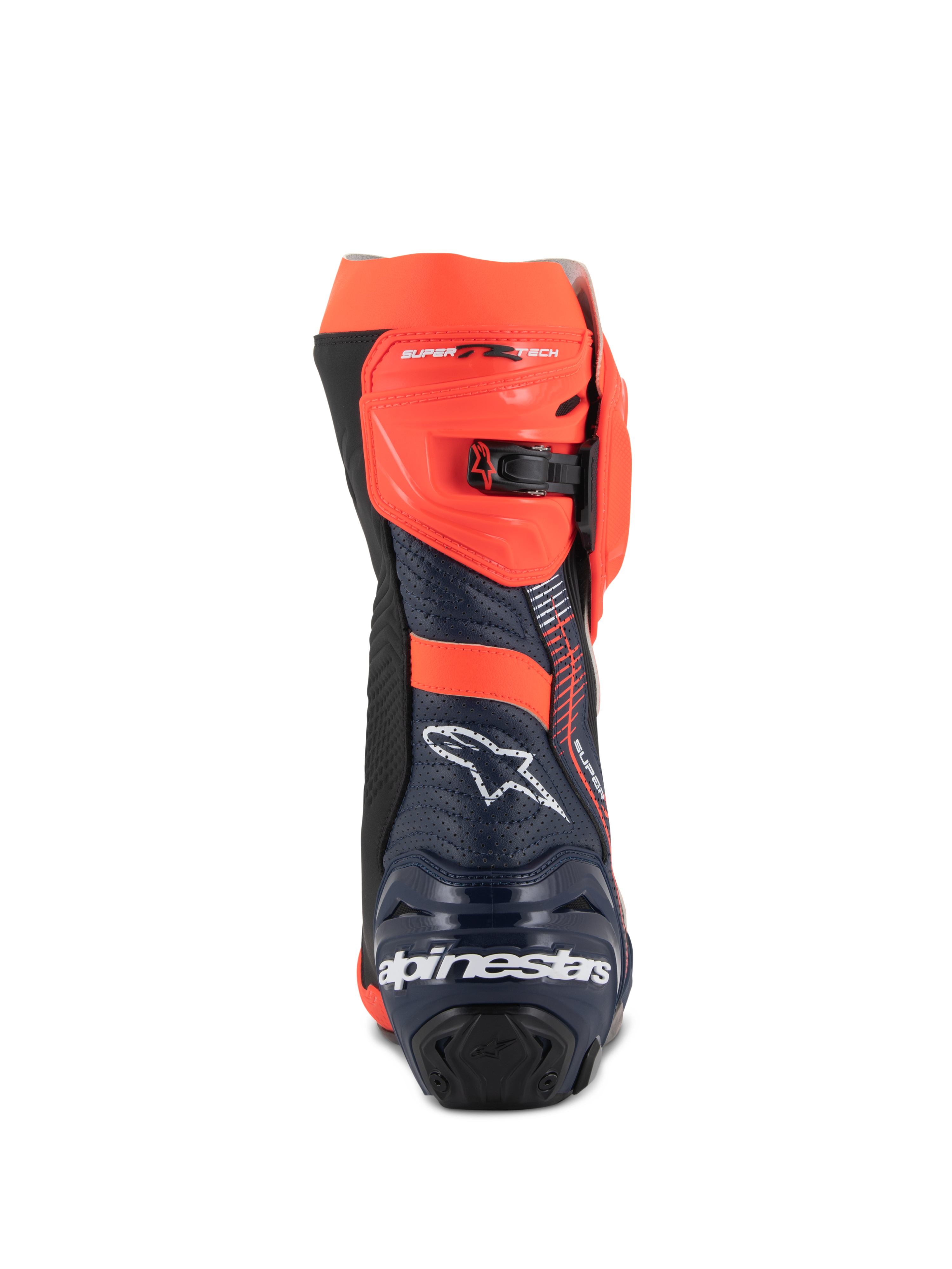 Botas Alpinestars Supertech R Vented MM93 Replica, botas de carreras de moto, rojo flúor, azul oscuro y negro, vista trasera con el logotipo blanco de Alpinestars en el talón y cierre de trinquete ajustable rojo flúor, diseño de microfibra perforada para un gran flujo de aire