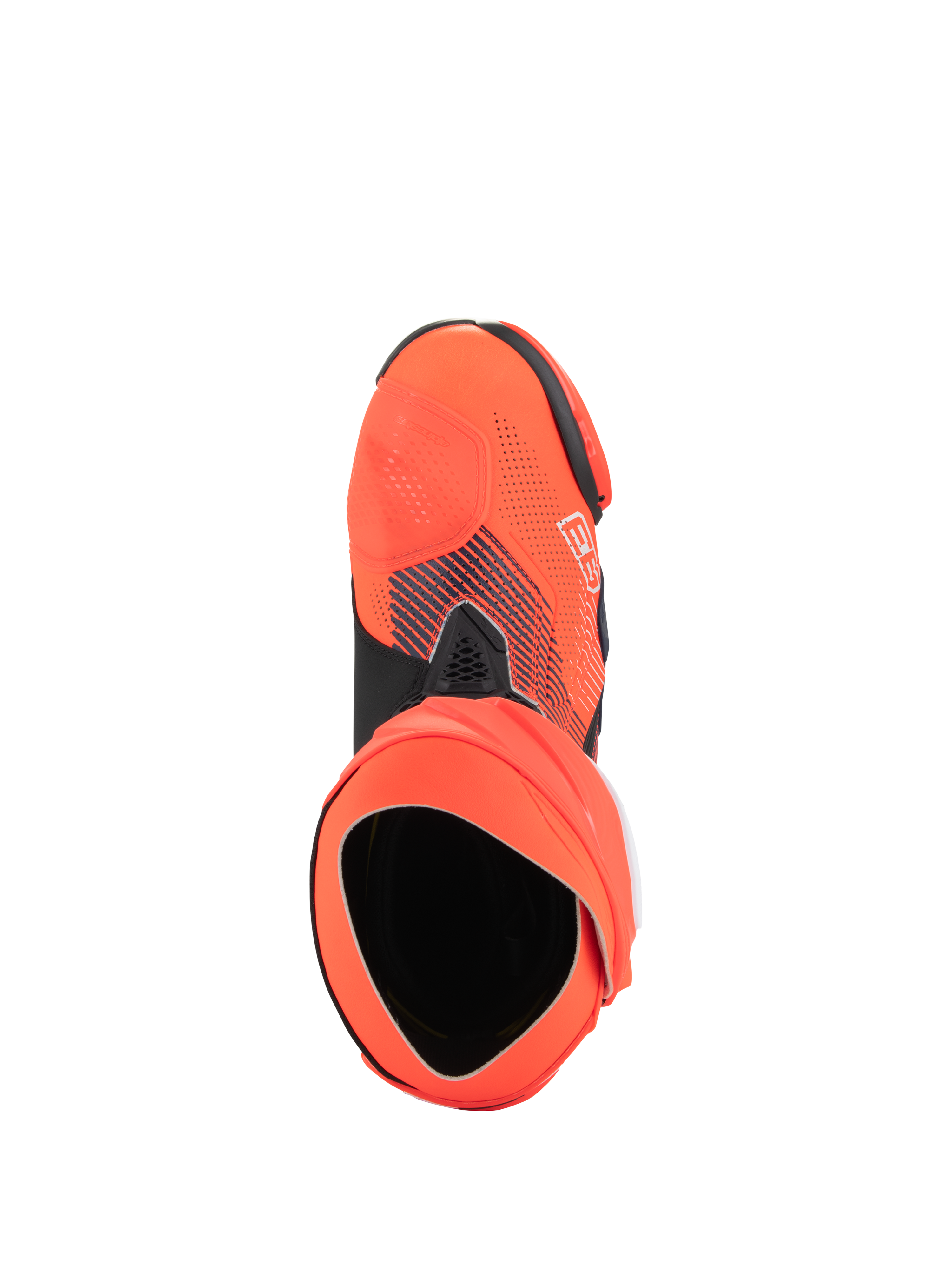 Botas Alpinestars Supertech R Vented MM93 Replica, botas de carreras de alto rendimiento para motociclismo, rojo flúor y azul oscuro, vista superior que muestra la apertura y la estructura del botín interior, parte superior de microfibra perforada con gráficos exclusivos de Marc Márquez