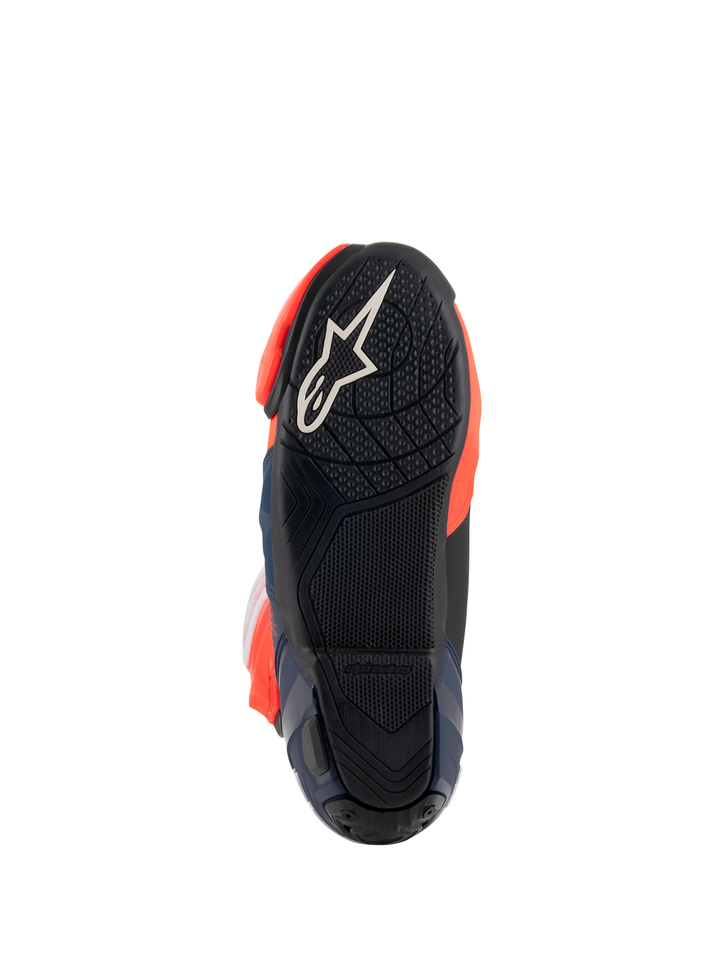 Botas Alpinestars Supertech R Vented MM93 Replica, vista de la suela que muestra la suela exterior de goma negra con logotipo de estrella blanca, patrón de agarre texturizado para estriberas, y detalles en rojo flúor y azul oscuro, diseño de calzado de competición de alto rendimiento