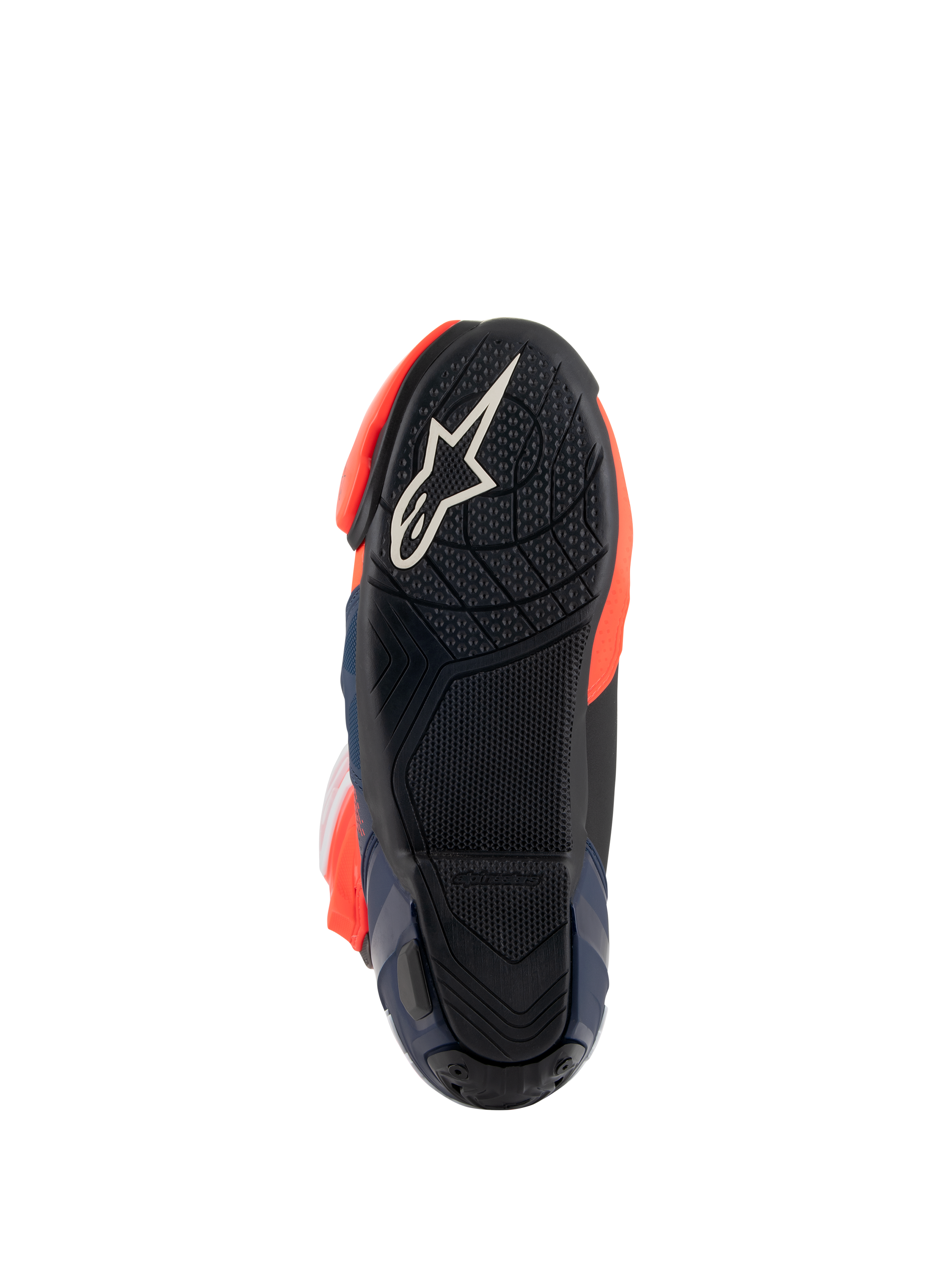 Botas Alpinestars Supertech R Vented MM93 Replica, vista de la suela que muestra la suela exterior de goma negra con logotipo de estrella blanca, patrón de agarre texturizado para estriberas, y detalles en rojo flúor y azul oscuro, diseño de calzado de competición de alto rendimiento