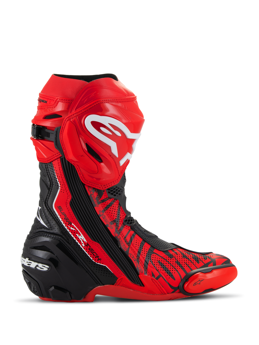 Alpinestars Supertech R LE Pecco Bagnaia Vented Boots, MotoGP Racing Boots, Red with Black and White accents, featuring perforated microfiber construction for airflow, red TPU shin plate with white logo, black reinforced heel, and replaceable toe sliders, professional track-focused design