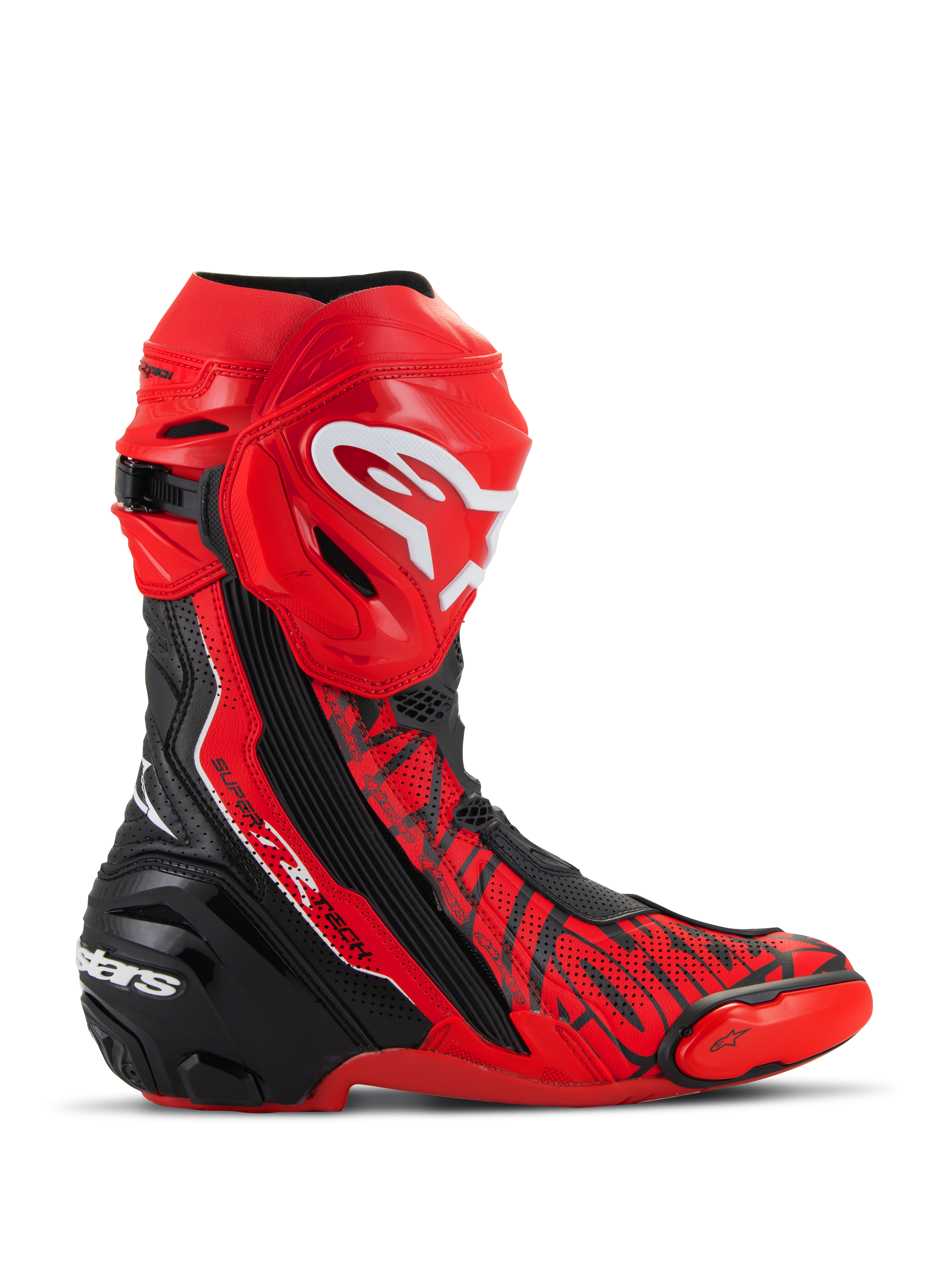 Alpinestars Supertech R LE Pecco Bagnaia Ventiladas, botas de competición de MotoGP, rojas con detalles en negro y blanco, construcción de microfibra perforada para flujo de aire, espinillera de TPU roja con logo blanco, talón reforzado en negro y deslizadores de puntera reemplazables, diseño profesional para circuito