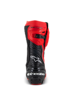 Alpinestars Supertech R LE Pecco Bagnaia Vented Boots, Rear view of a red and black motorcycle racing boot, perforated leather design, white Alpinestars logo on the back, adjustable ratchet closure, professional track gear