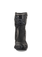 Alpinestars SMX Plus V2 Boots, Racing and Sport Motorcycle Boots, Black and Dark Gray, front view featuring a contoured TPU shin protector with Alpinestars logo, accordion flex panels for movement, and a sleek aerodynamic profile for performance riding.