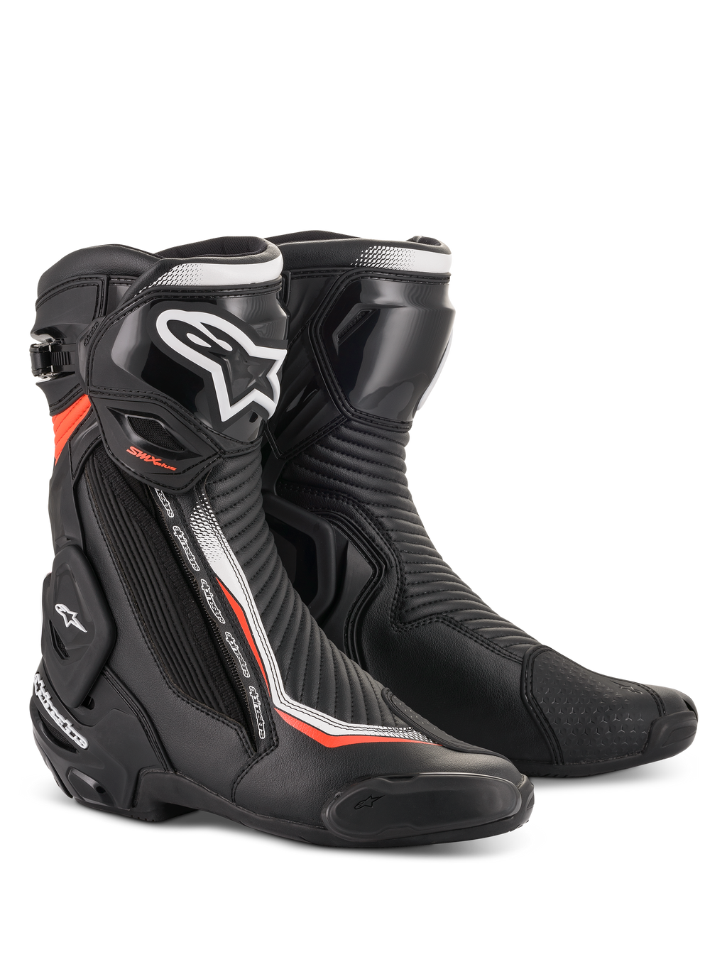 Alpinestars SMX Plus V2, botas de moto para carreras en negro y rojo flúor con protección avanzada de TPU