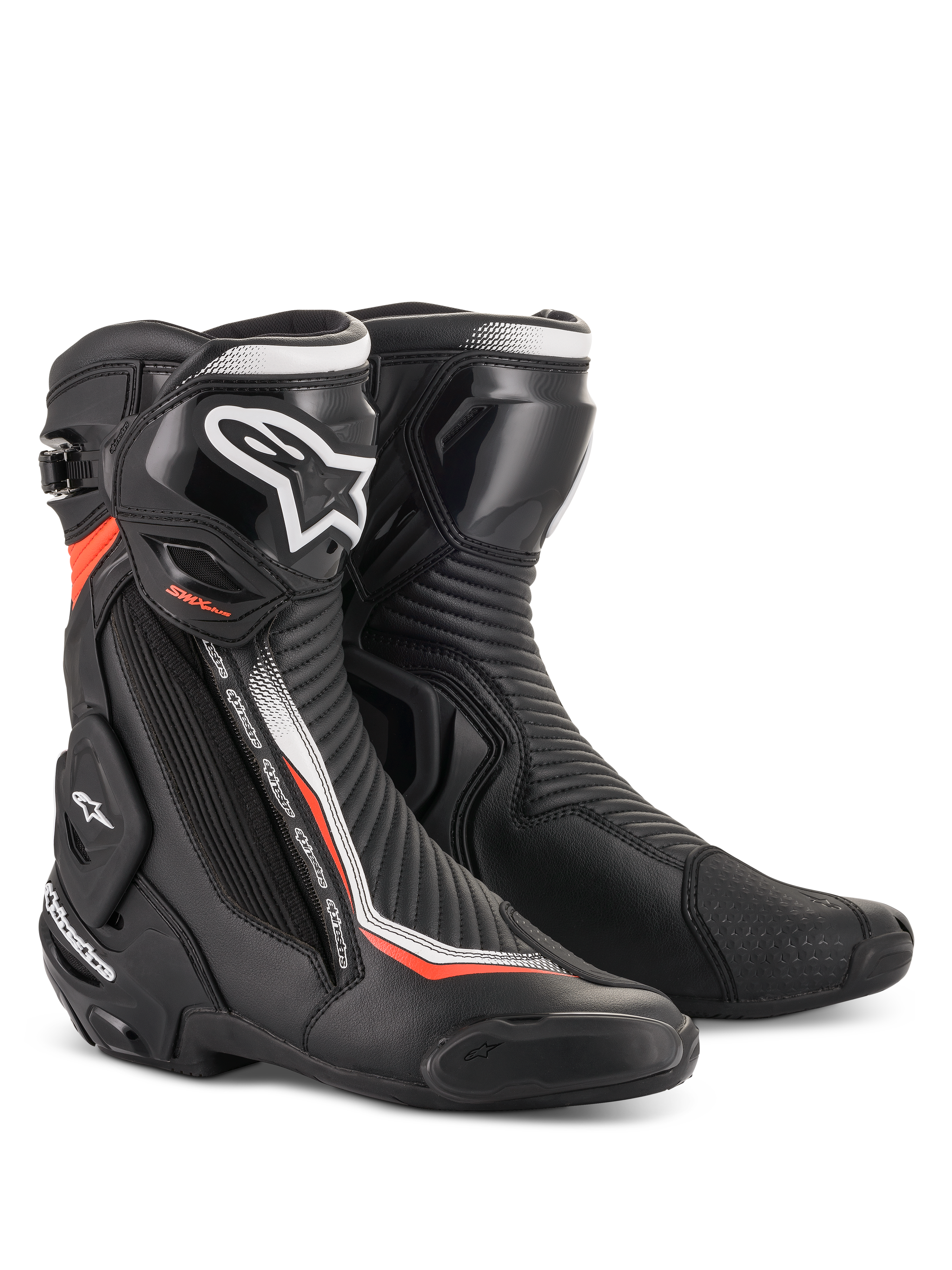 Alpinestars SMX Plus V2, botas de moto para carreras en negro y rojo flúor con protección avanzada de TPU