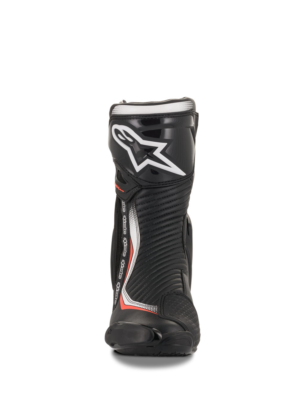 Alpinestars SMX Plus V2, botas de moto de carreras, negro y rojo fluorescente, microfibra y TPU, vista frontal.