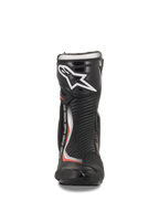 Alpinestars SMX Plus V2, botas de moto de carreras, negro y rojo fluorescente, microfibra y TPU, vista frontal.