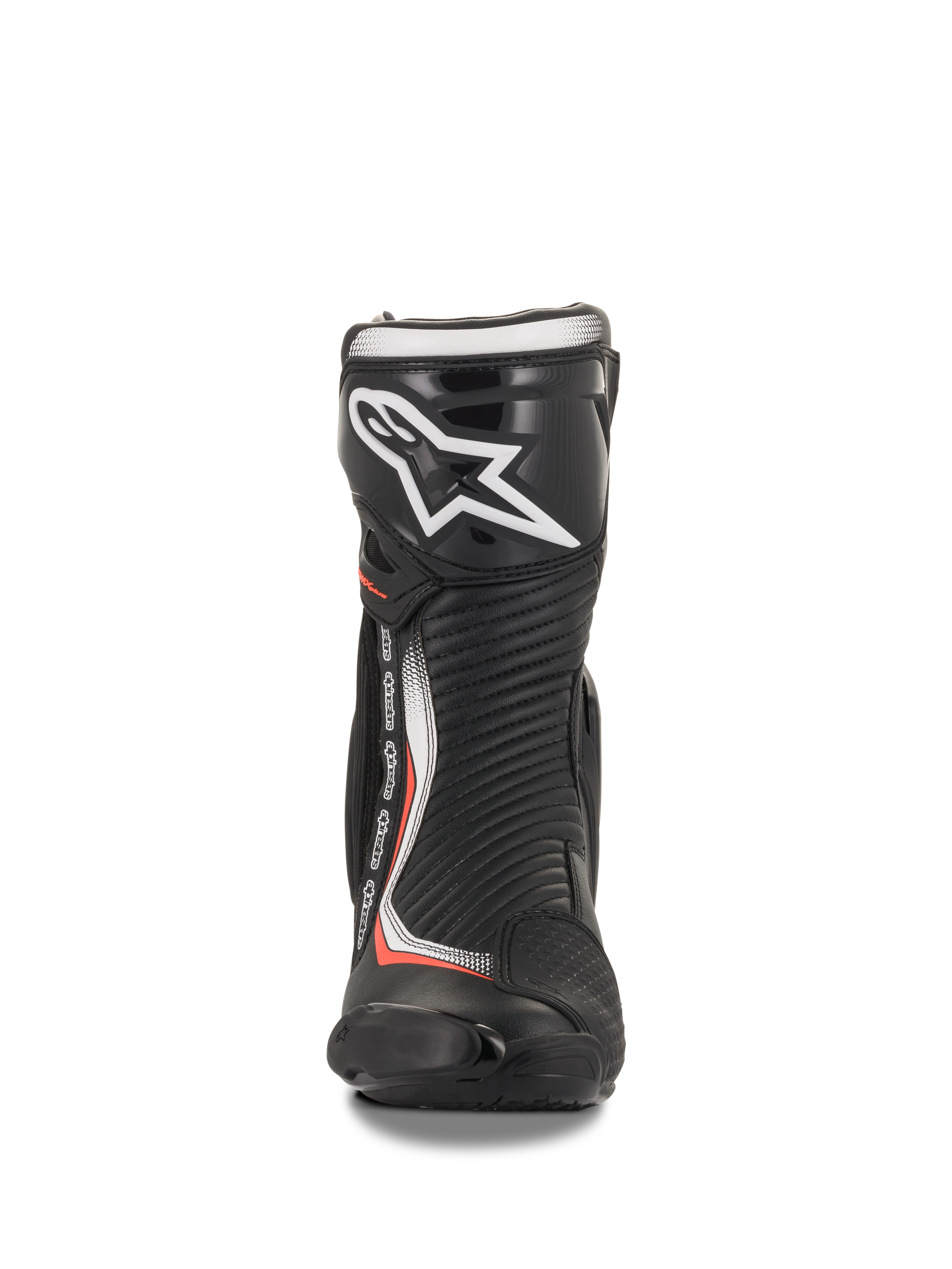 Alpinestars SMX Plus V2, botas de moto de carreras, negro y rojo fluorescente, microfibra y TPU, vista frontal.