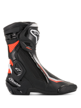 Alpinestars SMX Plus V2 Boots, Men's Motorcycle Racing Boots, Black, White and Red Fluorescent, featuring Multi-Link Control ankle protection and durable microfiber construction.