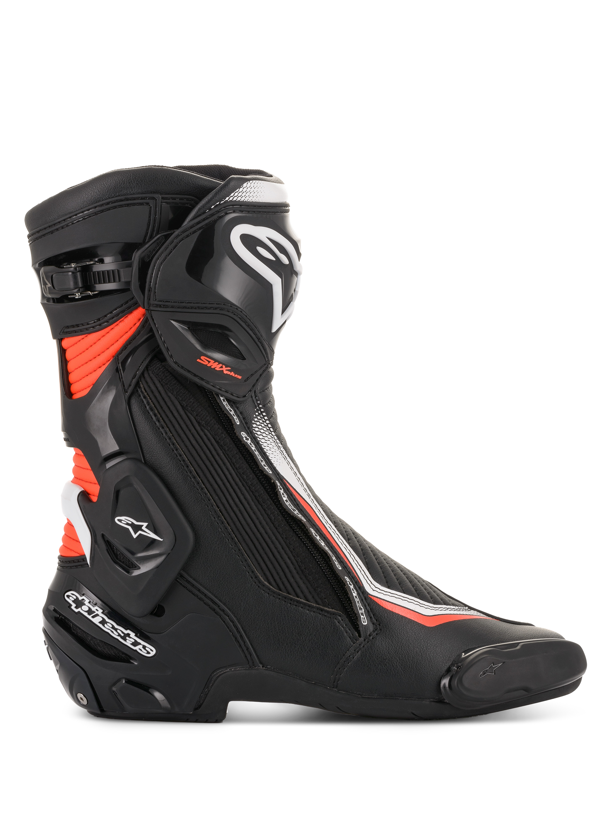 Alpinestars SMX Plus V2 Boots, Men's Motorcycle Racing Boots, Black, White and Red Fluorescent, featuring Multi-Link Control ankle protection and durable microfiber construction.