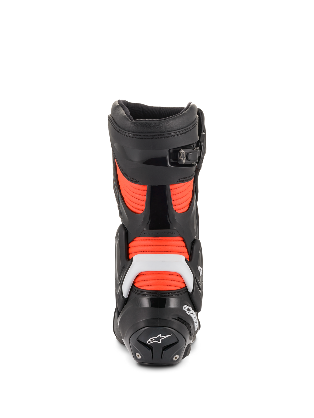 Alpinestars SMX Plus V2, botas de carreras de hombre, negras y rojas fluo con protección blanca y vista trasera.