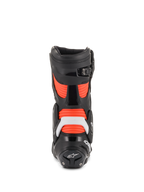 Alpinestars SMX Plus V2, botas de carreras de hombre, negras y rojas fluo con protección blanca y vista trasera.