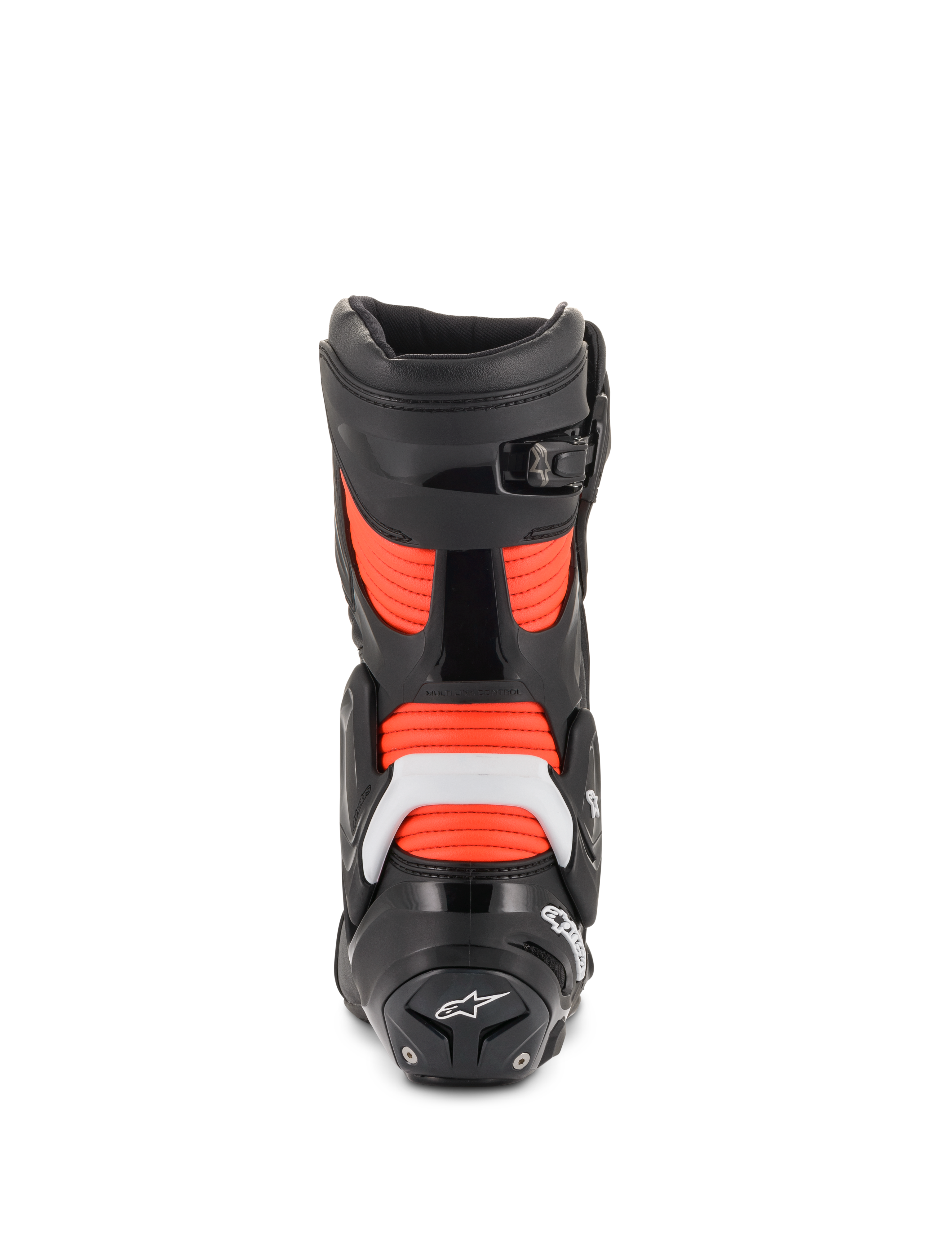 Alpinestars SMX Plus V2, botas de carreras de hombre, negras y rojas fluo con protección blanca y vista trasera.