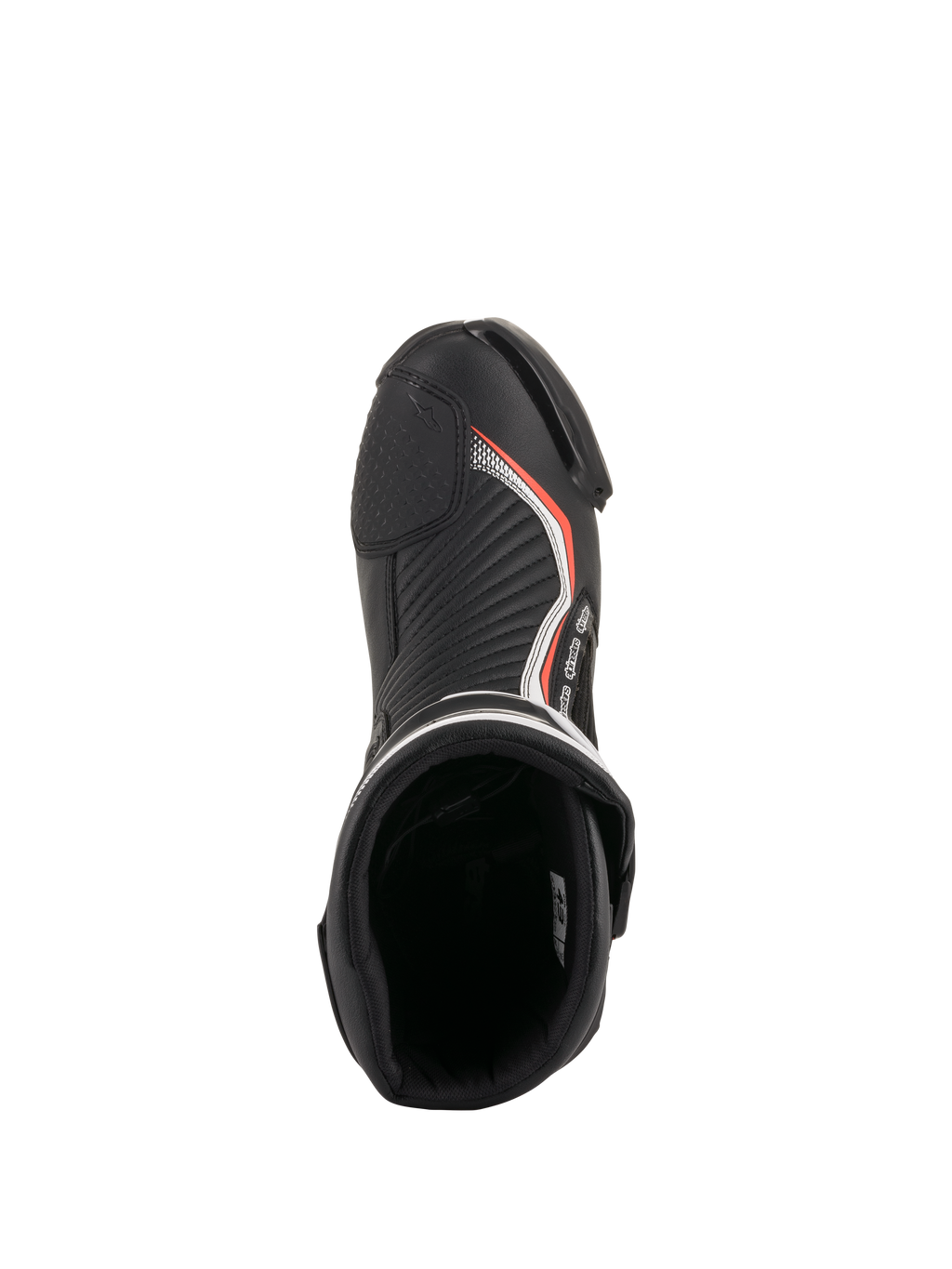 Alpinestars SMX Plus V2, botas de moto para carreras, negras y rojo flúor, vista superior del interior acolchado y puntera.