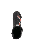 Alpinestars SMX Plus V2, botas de moto para carreras, negras y rojo flúor, vista superior del interior acolchado y puntera.